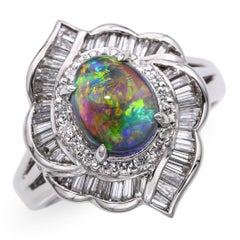Vintage Platinum 1.15ct B4 Black Crystal Opal and Diamond Statement Ring