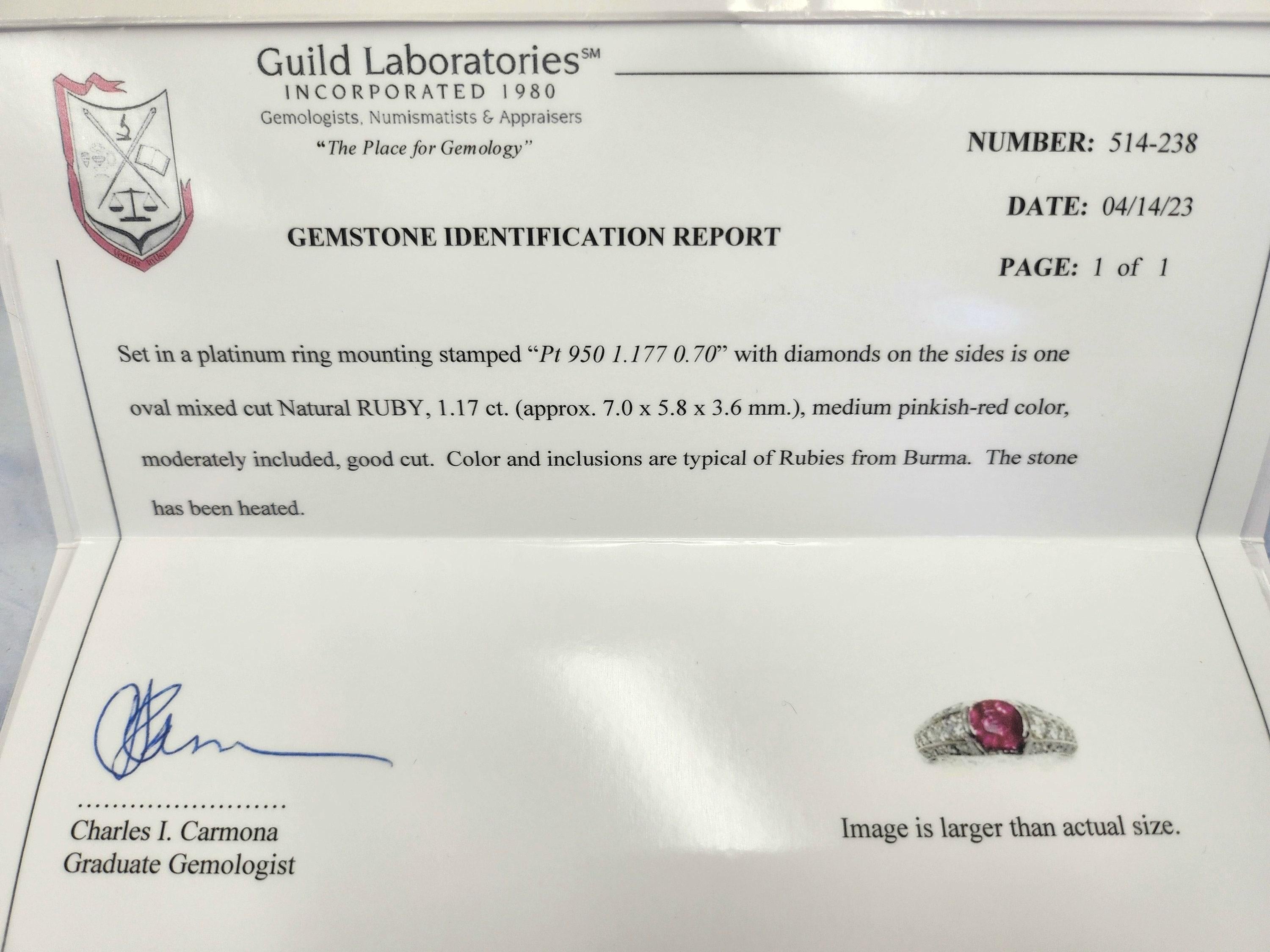 Women's Vintage Platinum 1.17 Carat Burma Ruby and Diamond Ring For Sale