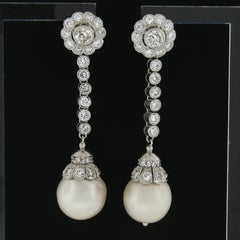 Pendientes Elegantes Colgantes de Platino Vintage 11.9mm Perlas 2.81ctw Diamantes