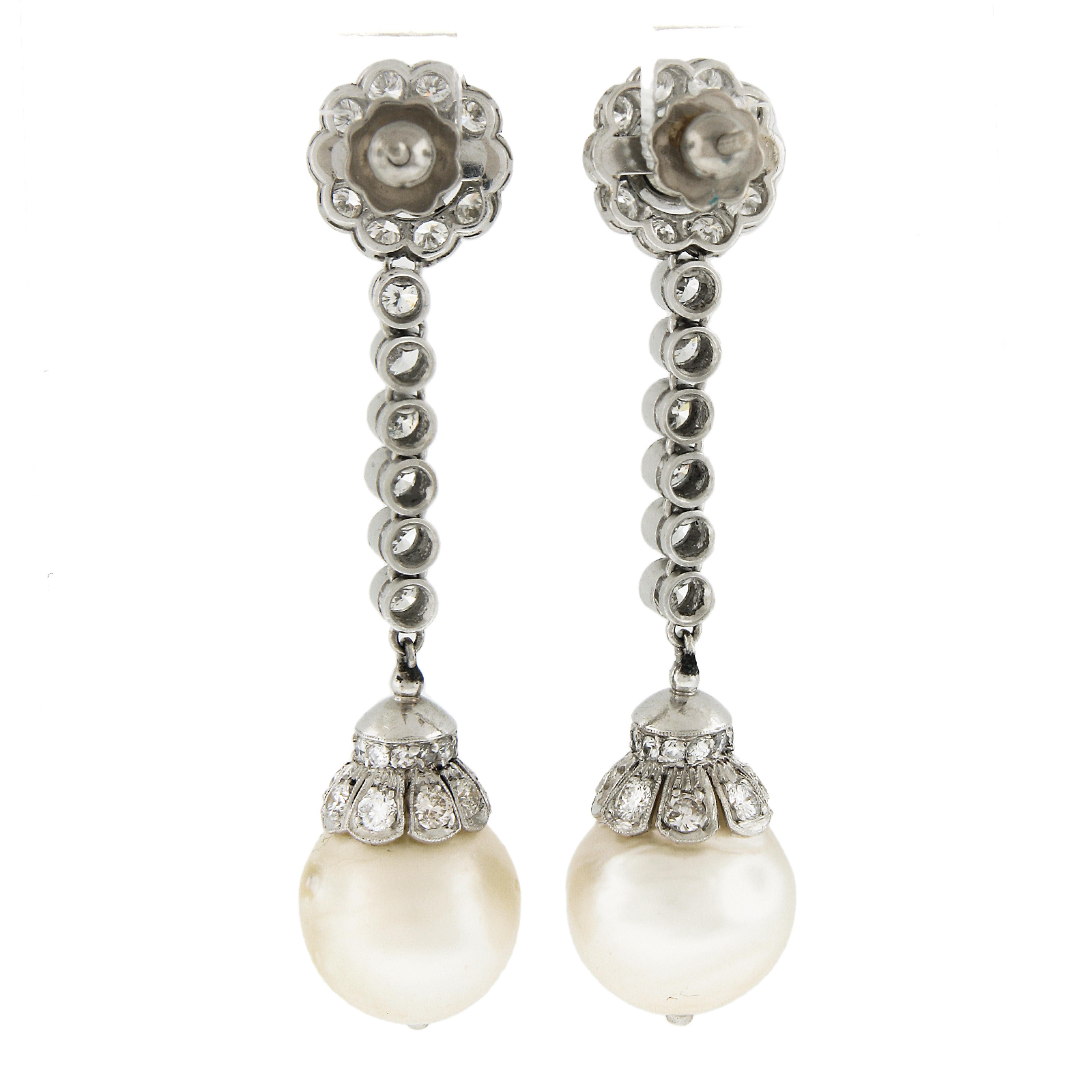 Round Cut Vintage Platinum 11.9mm Pearls 2.81ctw Diamond Dangle Drop Elegant Earrings