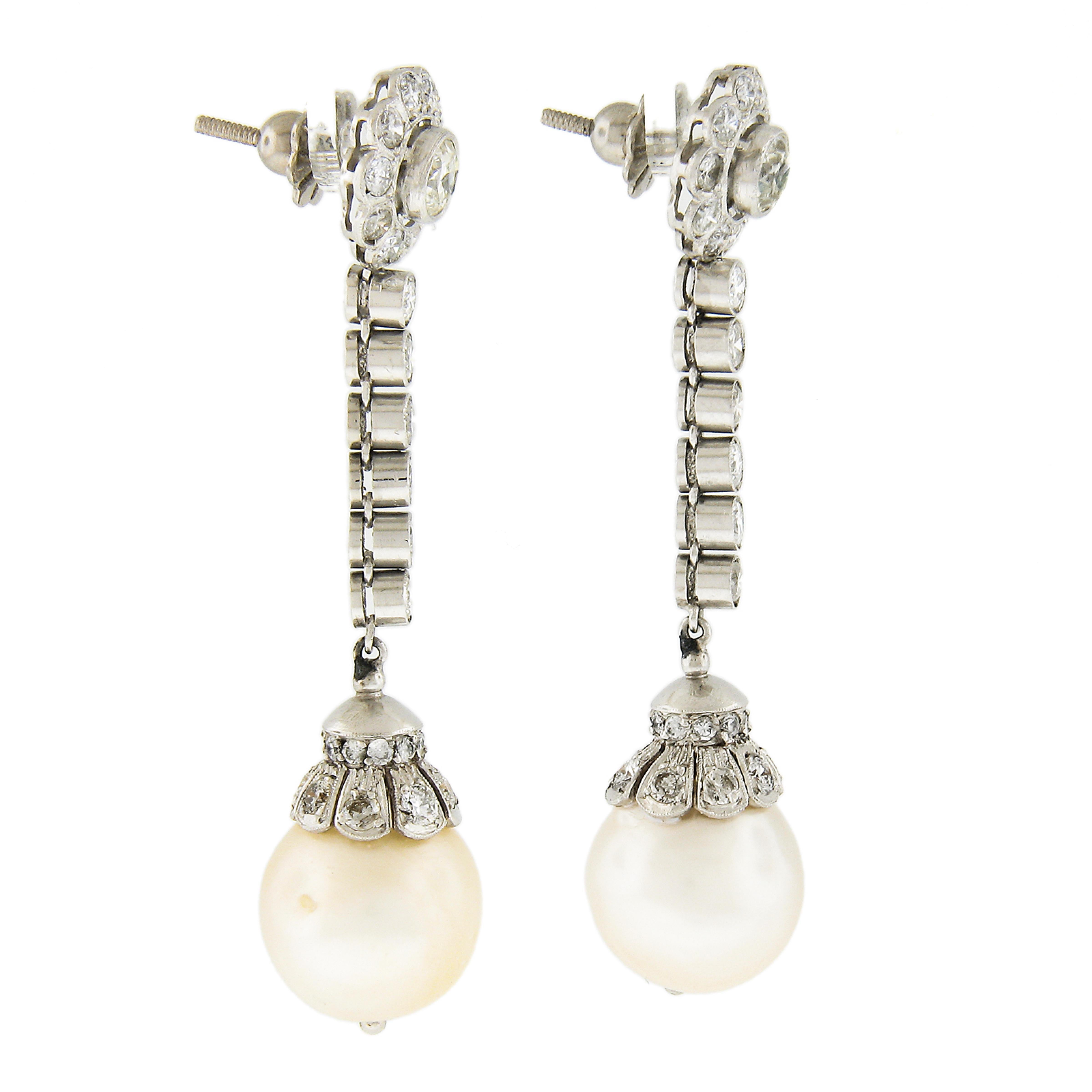 Vintage Platinum 11.9mm Pearls 2.81ctw Diamond Dangle Drop Elegant Earrings In Excellent Condition In Montclair, NJ