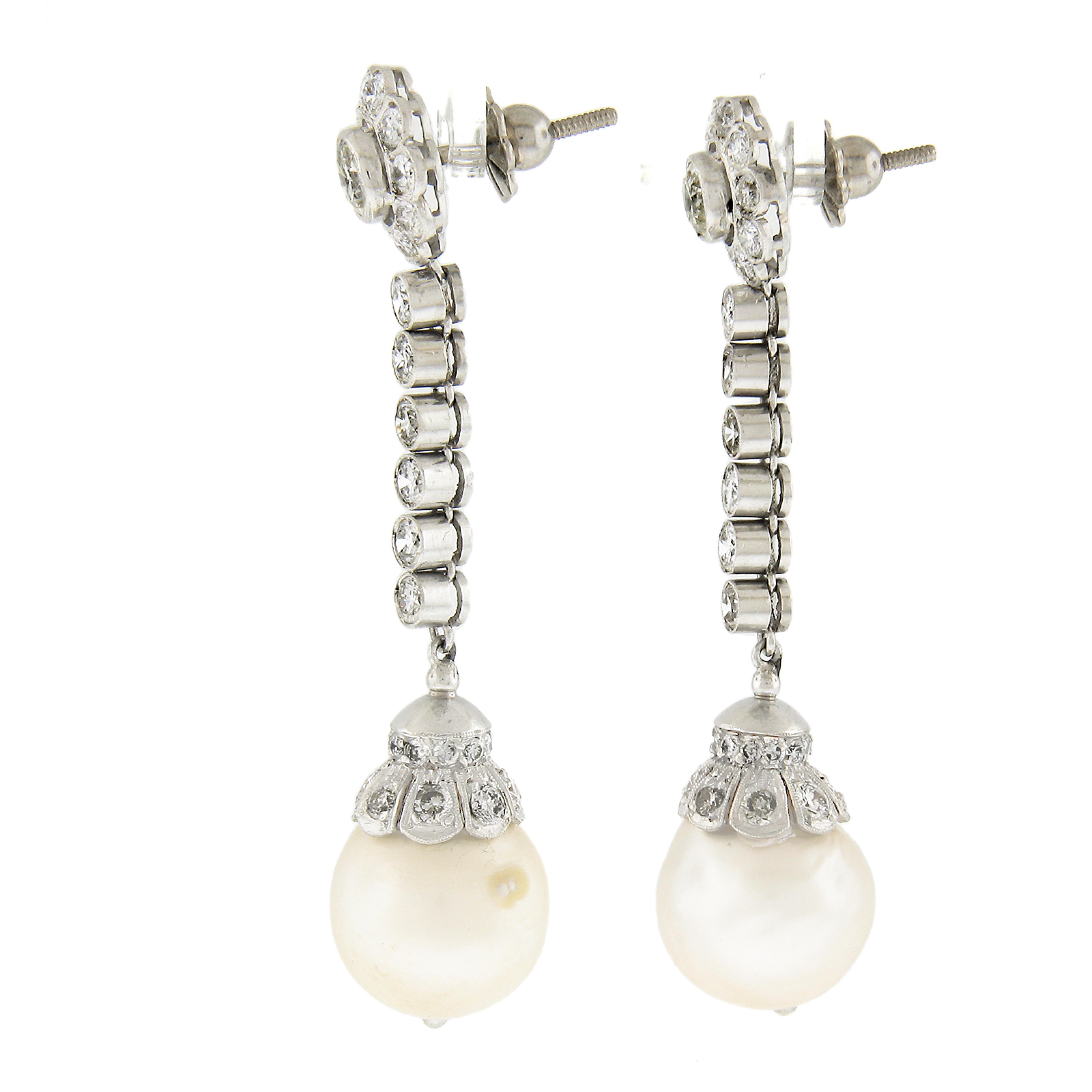 Women's Vintage Platinum 11.9mm Pearls 2.81ctw Diamond Dangle Drop Elegant Earrings