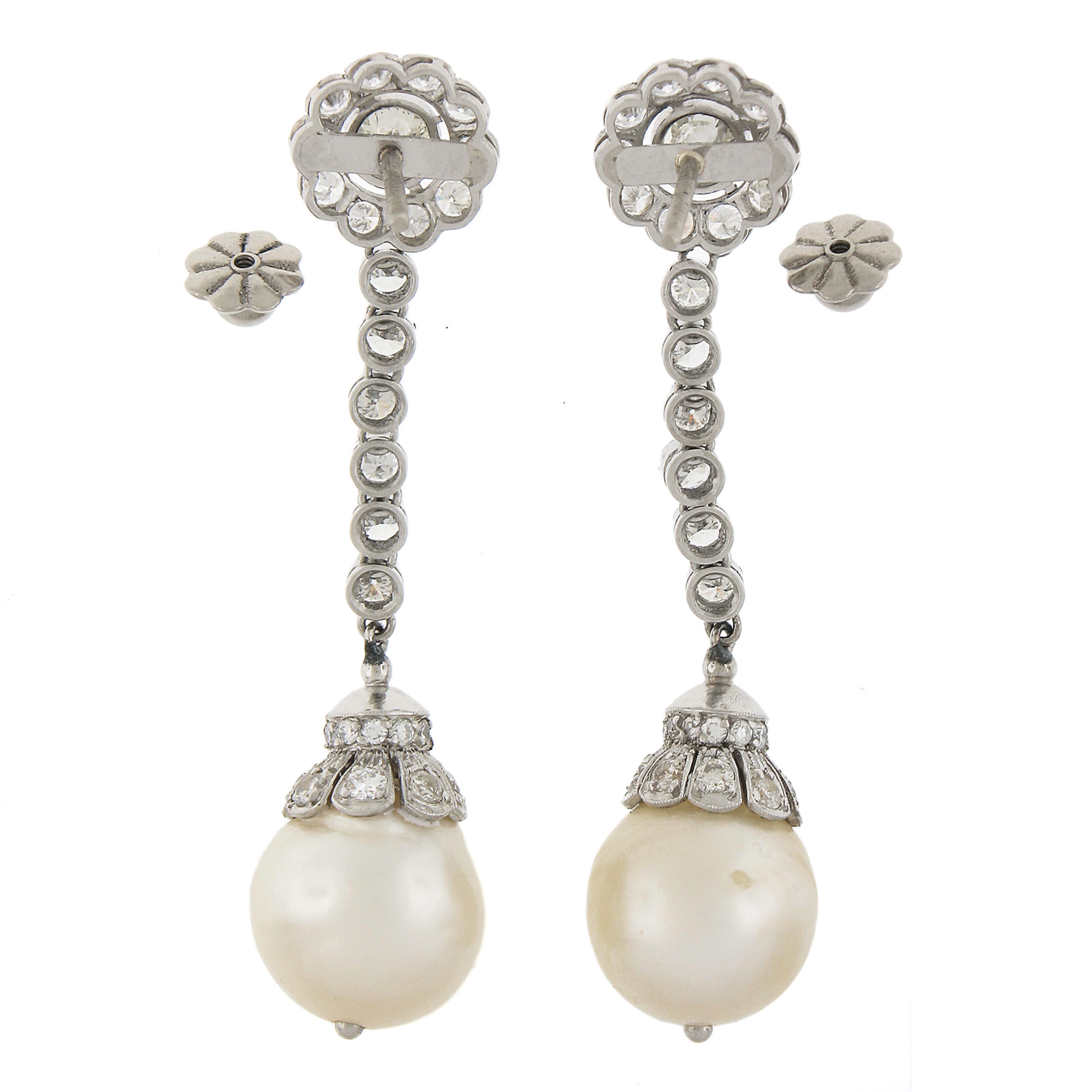 Vintage Platinum 11.9mm Pearls 2.81ctw Diamond Dangle Drop Elegant Earrings 1