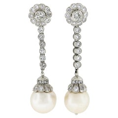 Vintage Platinum 11.9mm Pearls 2.81ctw Diamond Dangle Drop Elegant Earrings