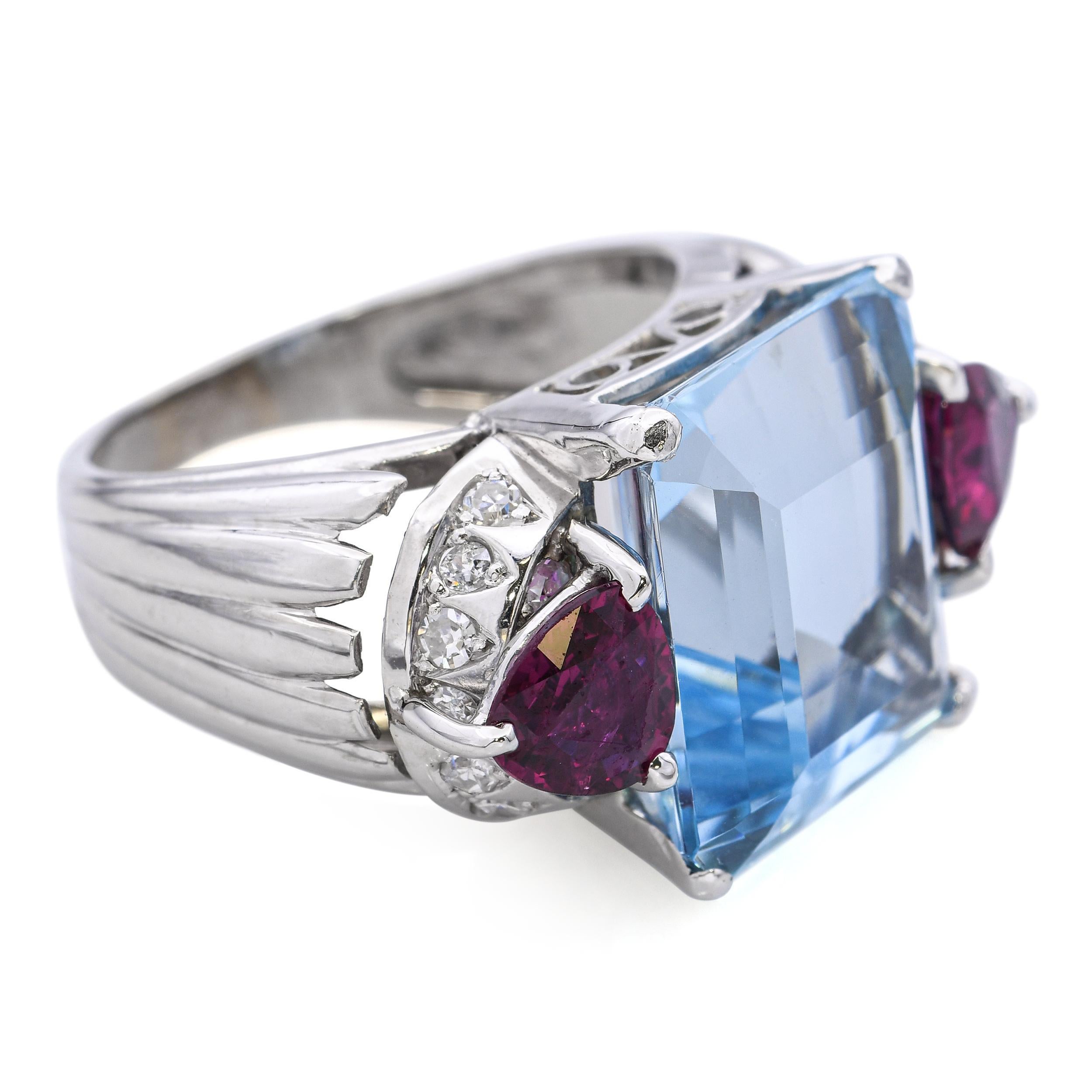 Anello di platino vintage con acquamarina da 12,0ct e rubino da 1,10tcw in vendita 1
