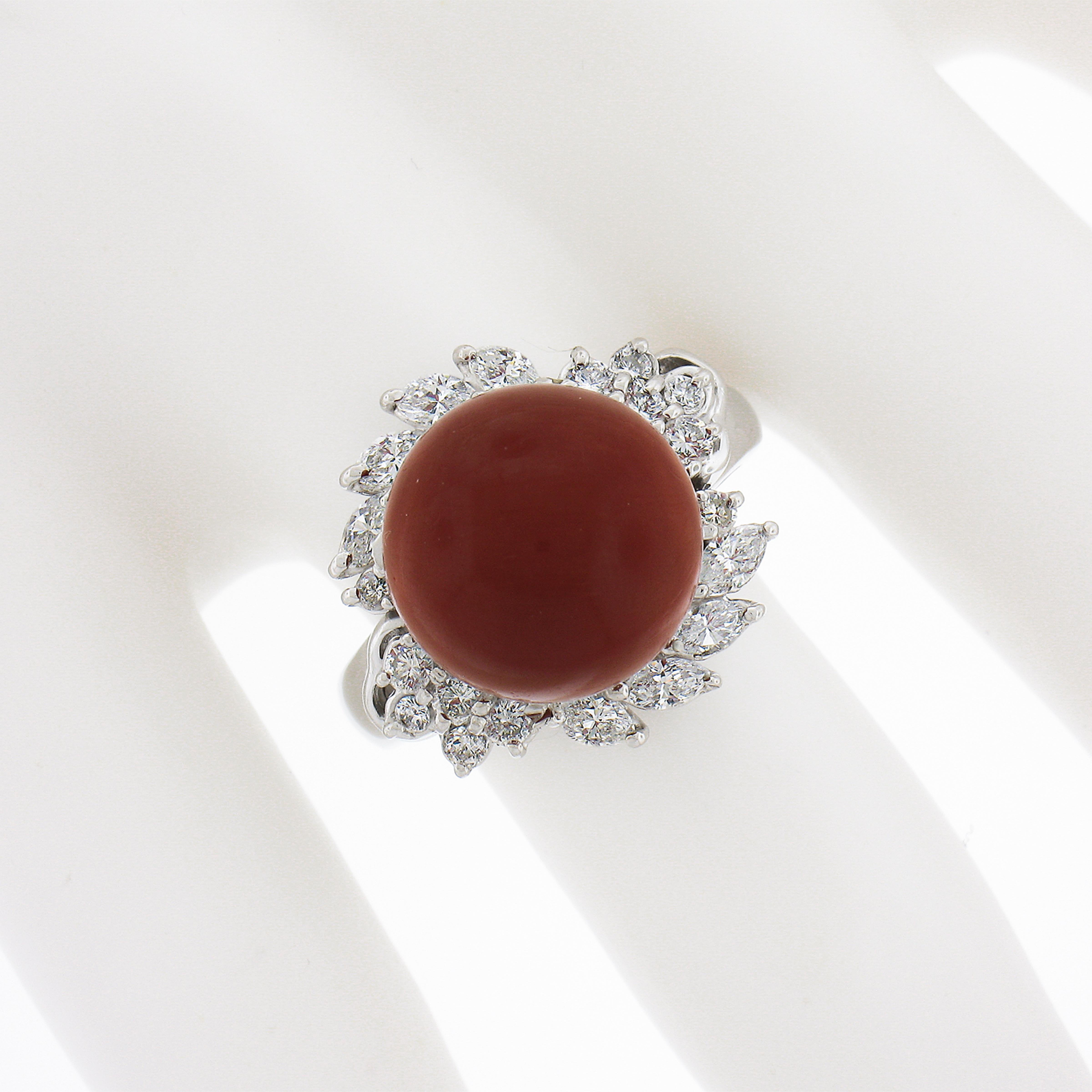 Vintage Platinum 12.10mm Coral w/ 0.81ctw Diamond Halo Floral Cocktail Ring In Excellent Condition For Sale In Montclair, NJ