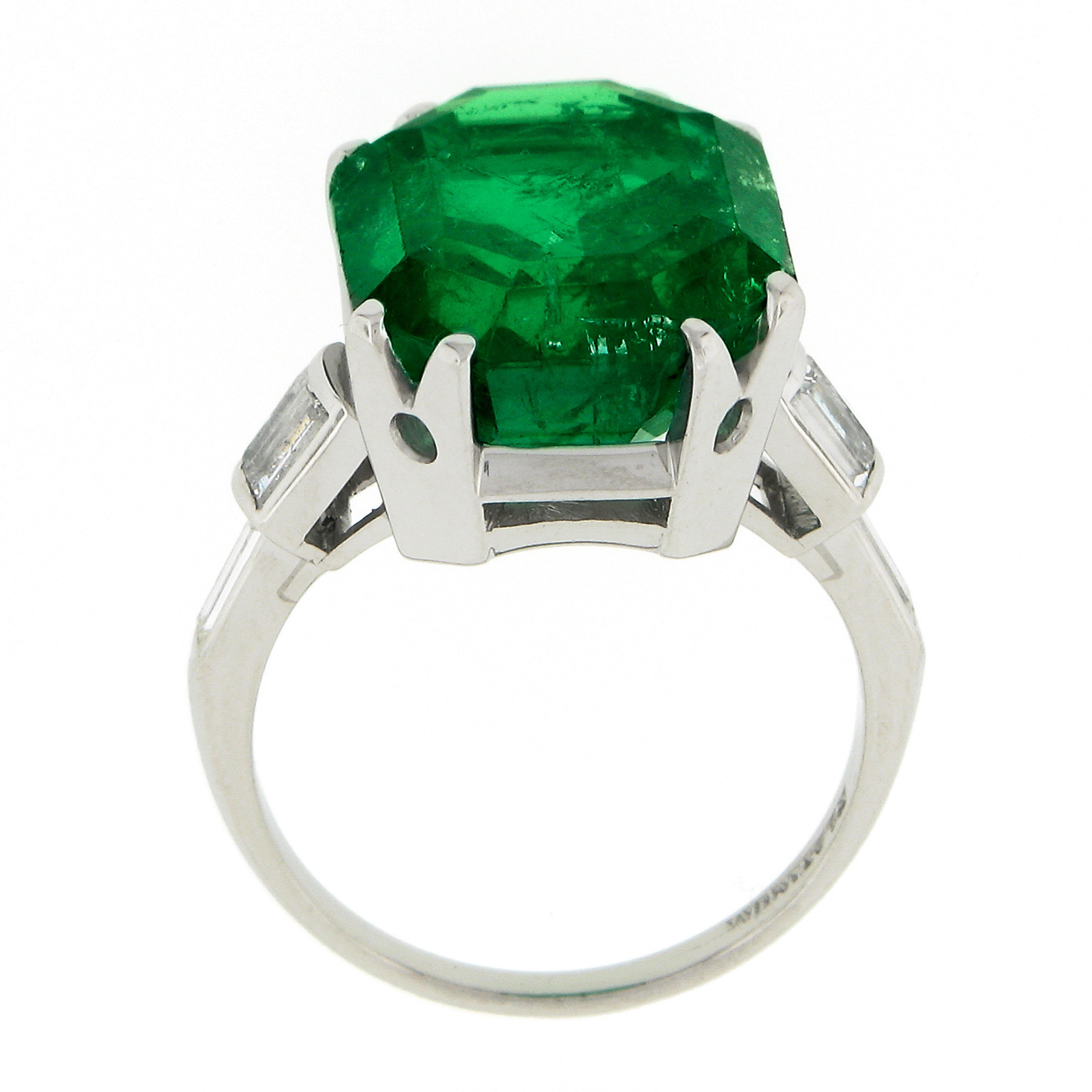 Vintage Platinum 12.16ct AGL Emerald Cut Colombian Emerald Diamond Cocktail Ring For Sale 6
