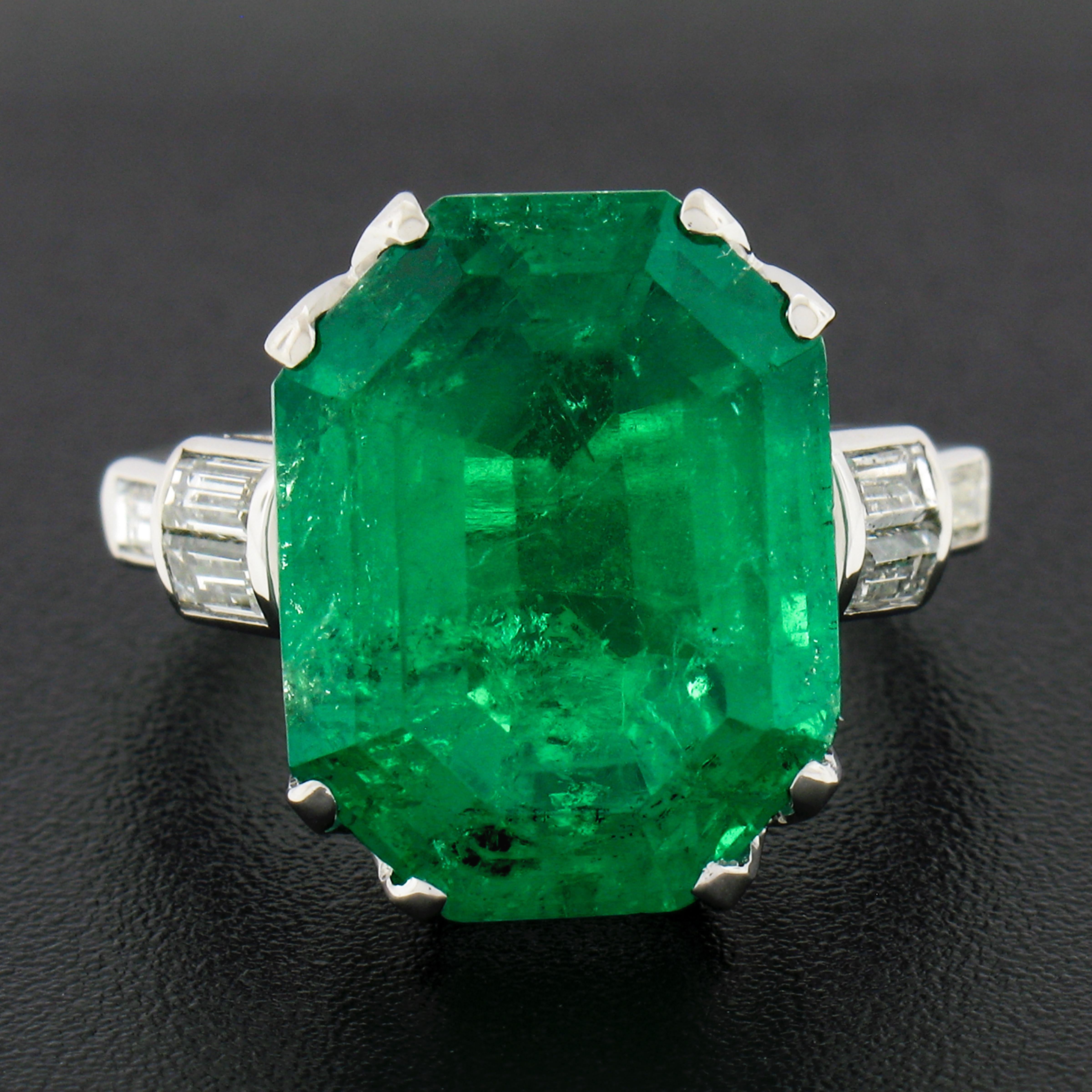 Vintage Platinum 12.16ct AGL Emerald Cut Colombian Emerald Diamond Cocktail Ring In Excellent Condition For Sale In Montclair, NJ