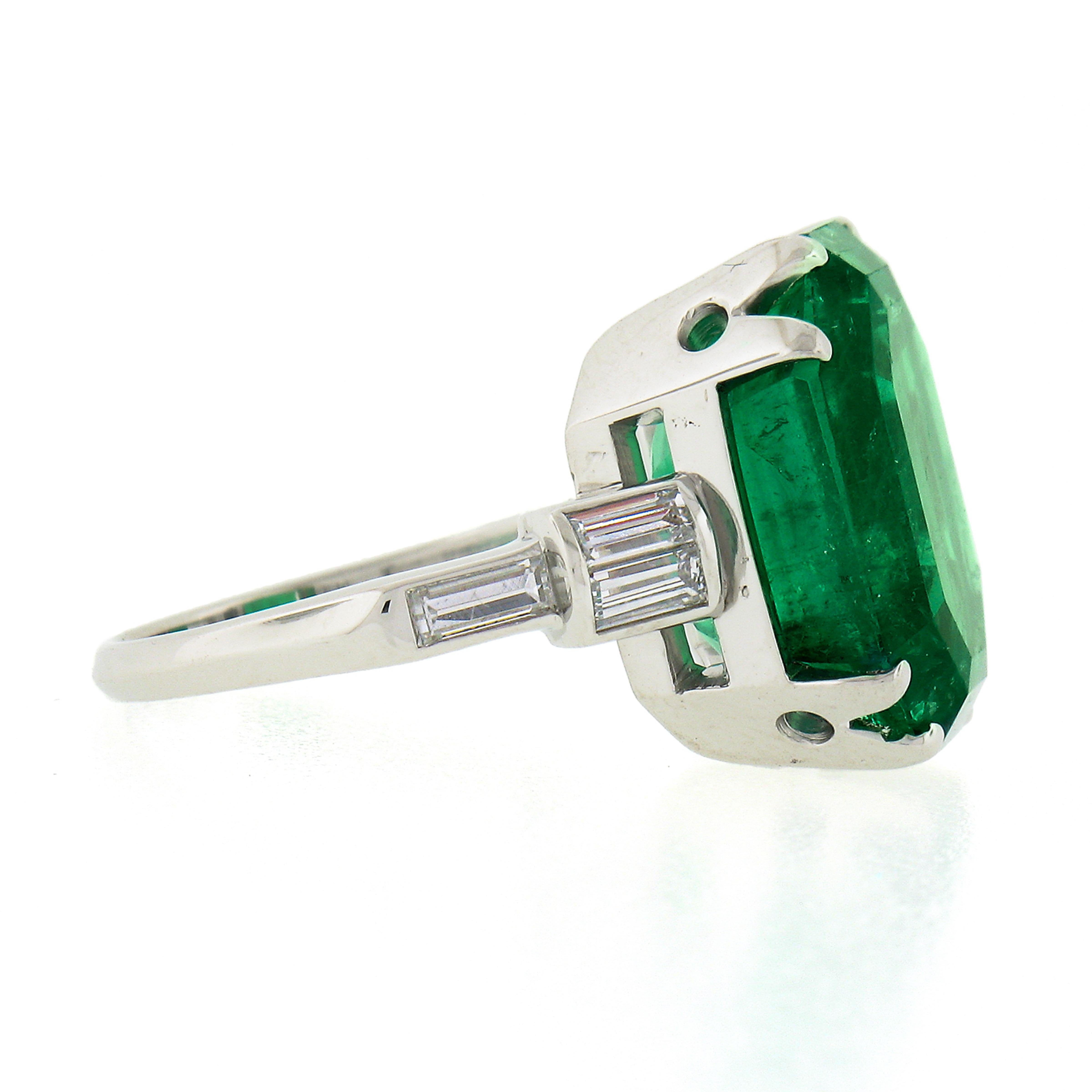 Vintage Platinum 12.16ct AGL Emerald Cut Colombian Emerald Diamond Cocktail Ring For Sale 2
