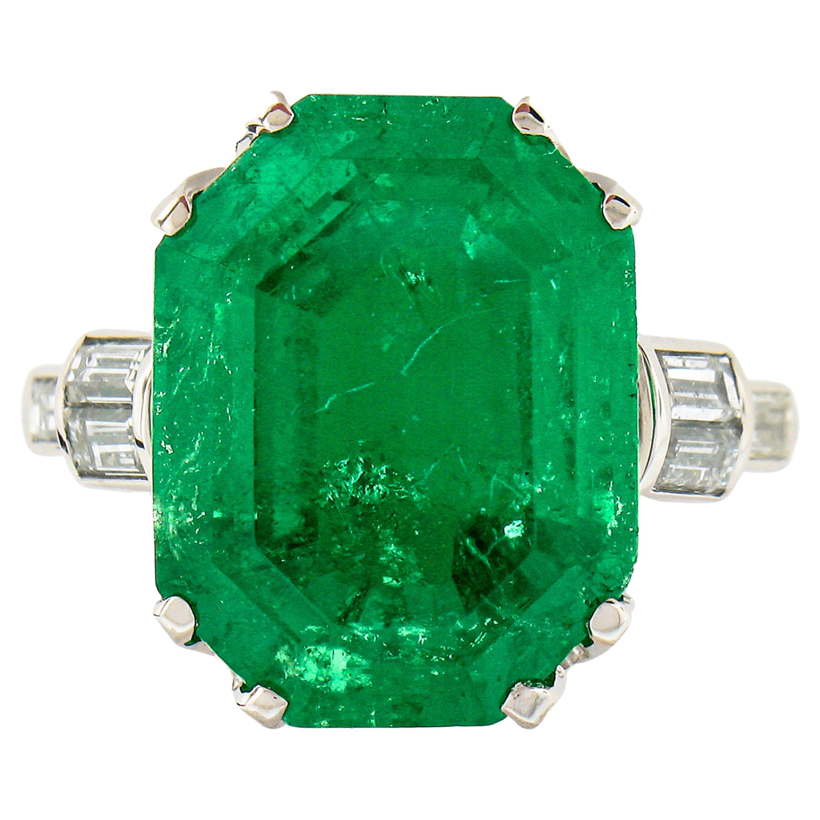 Vintage Platinum 12.16ct AGL Emerald Cut Colombian Emerald Diamond Cocktail Ring For Sale