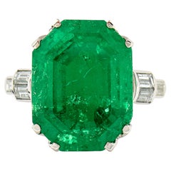 Retro Platinum 12.16ct AGL Emerald Cut Colombian Emerald Diamond Cocktail Ring