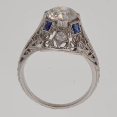 Art Deco Platinum Diamond Ring 1.22 Center 1.36 TW w/ Synthetic Sapphires