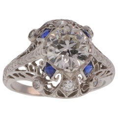 Art Deco Platinum Diamond Ring 1.22 Center 1.36 TW w/ Synthetic Sapphires
