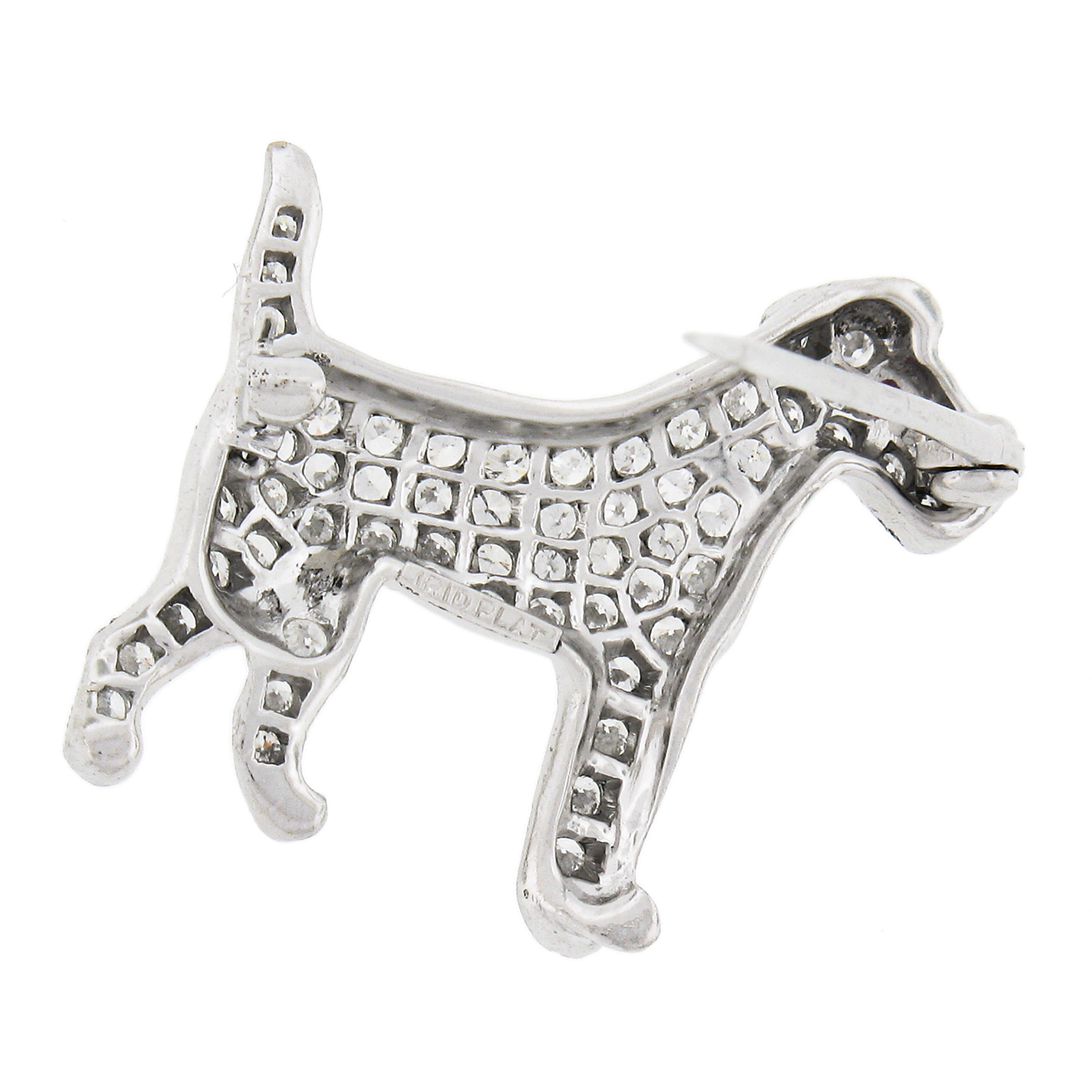 Round Cut Vintage Platinum 1.27ctw Diamond Covered Airedale Dog Pin Brooch w/ Red Ruby Eye