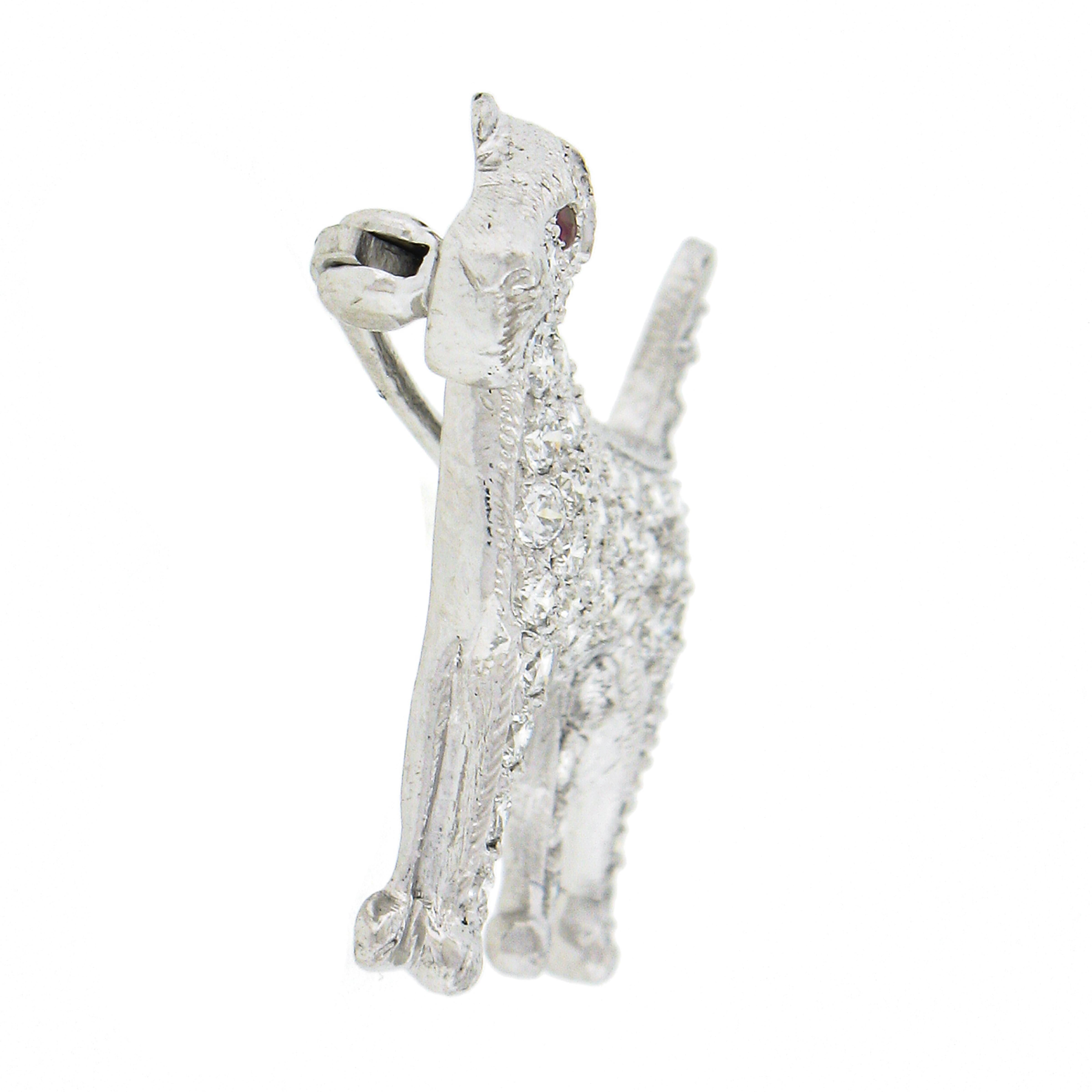 Vintage Platinum 1.27ctw Diamond Covered Airedale Dog Pin Brooch w/ Red Ruby Eye In Good Condition In Montclair, NJ