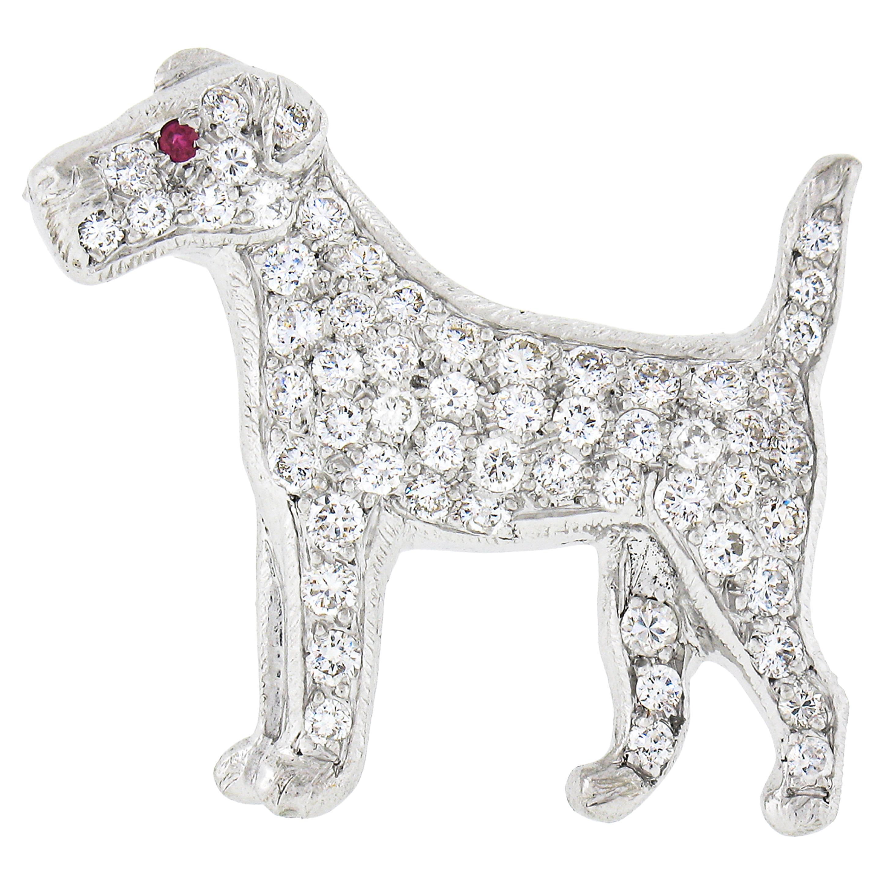 Vintage Platinum 1.27ctw Diamond Covered Airedale Dog Pin Brooch w/ Red Ruby Eye