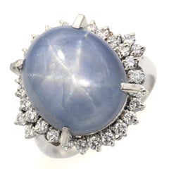 Vintage Platinum 12.82ct Star Sapphire and Diamond Halo Ring