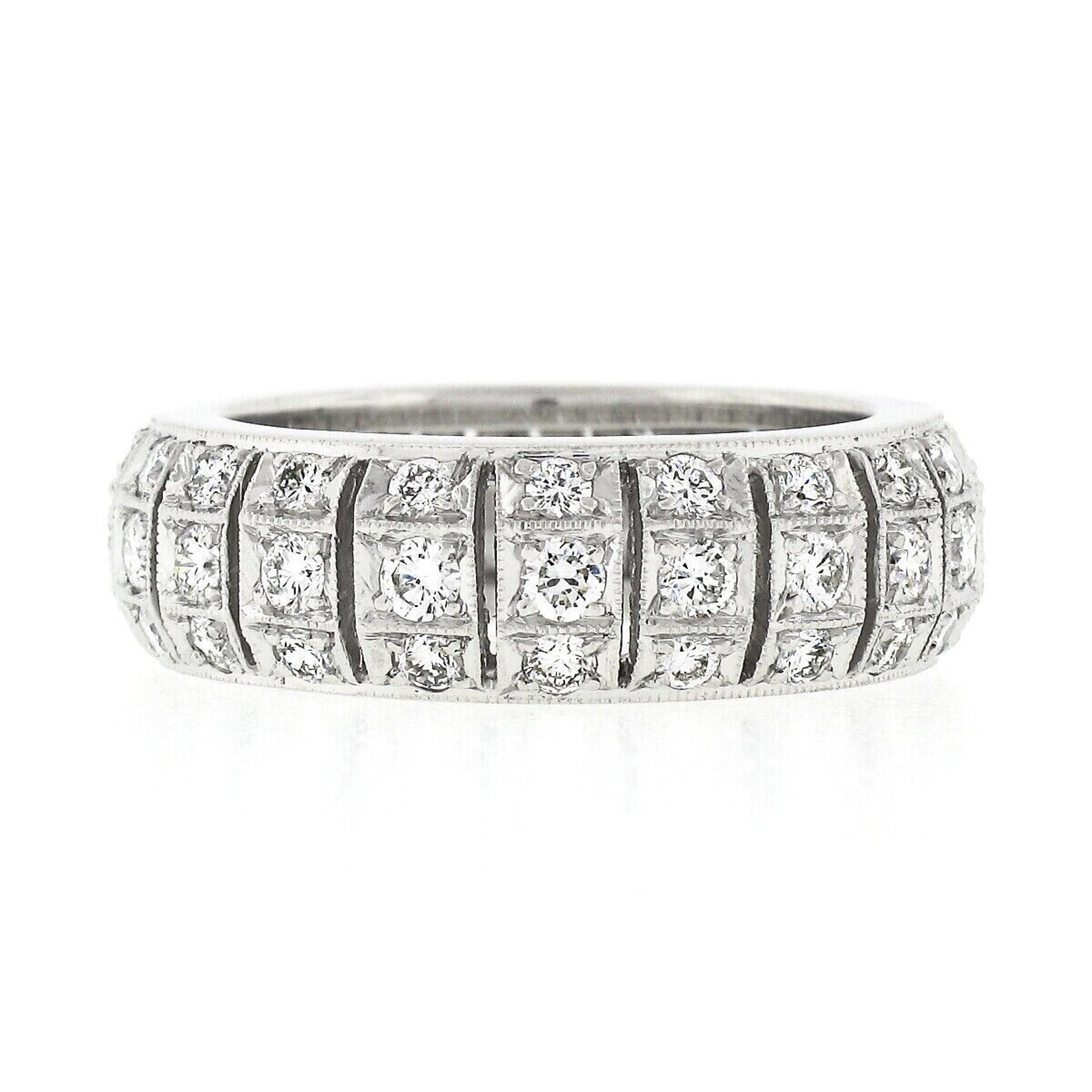 Vintage Platinum 1.30ctw Diamond Domed Open Work & Milgrain Eternity Band Ring In Good Condition For Sale In Montclair, NJ
