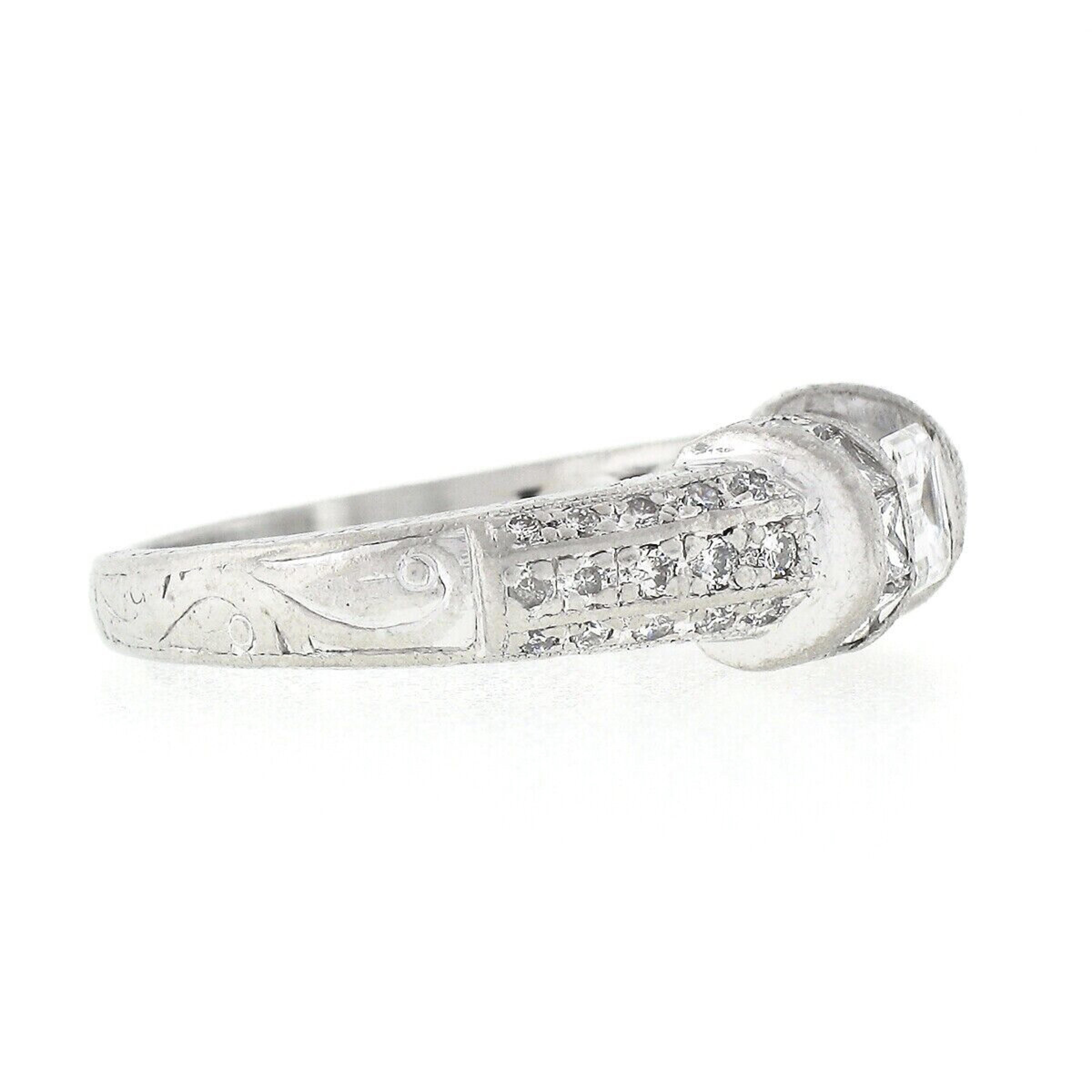 Women's Vintage Platinum 1.35ct Floating Diamond W/ Accents Hand Engraved Work Band Ring For Sale
