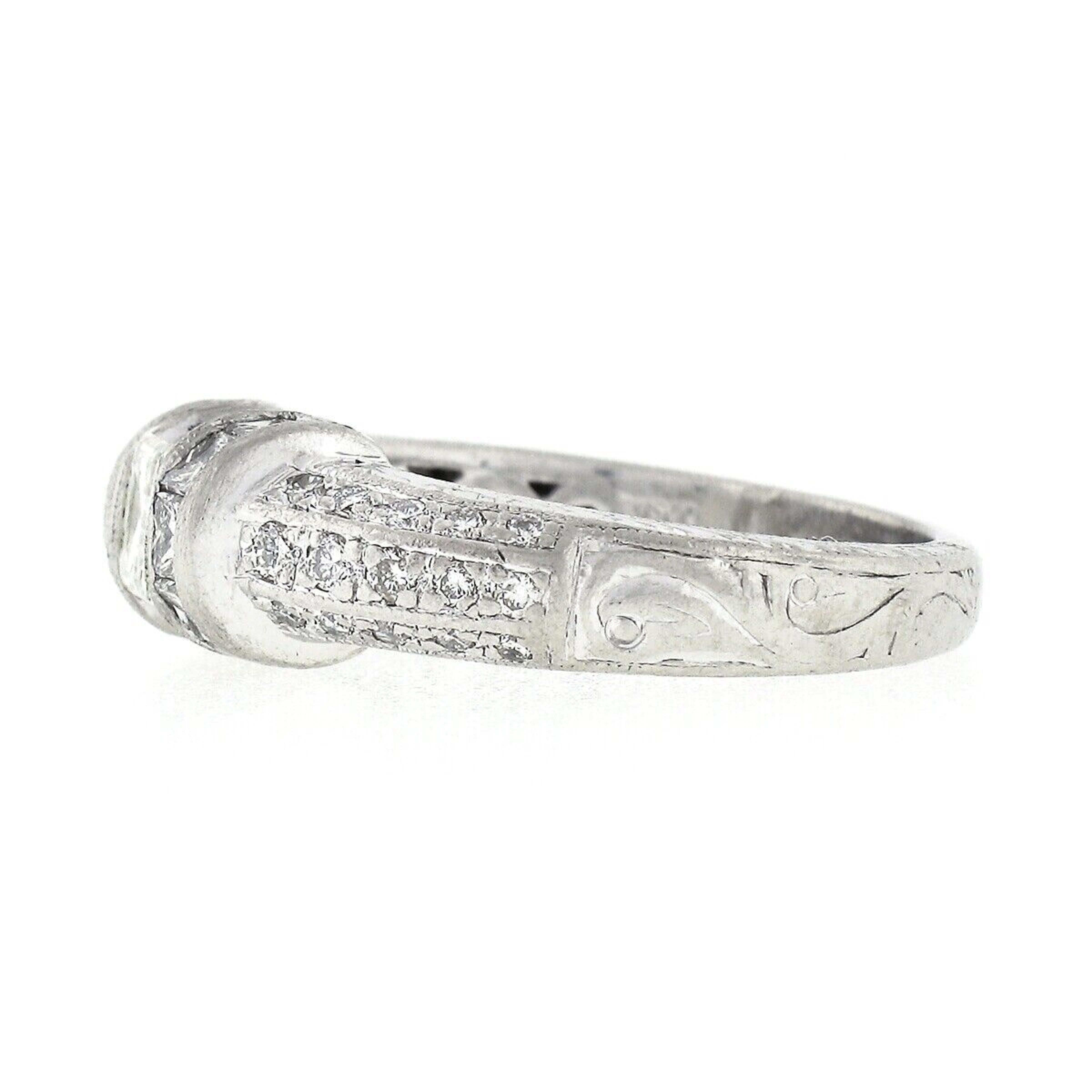 Vintage Platinum 1.35ct Floating Diamond W/ Accents Hand Engraved Work Band Ring For Sale 1