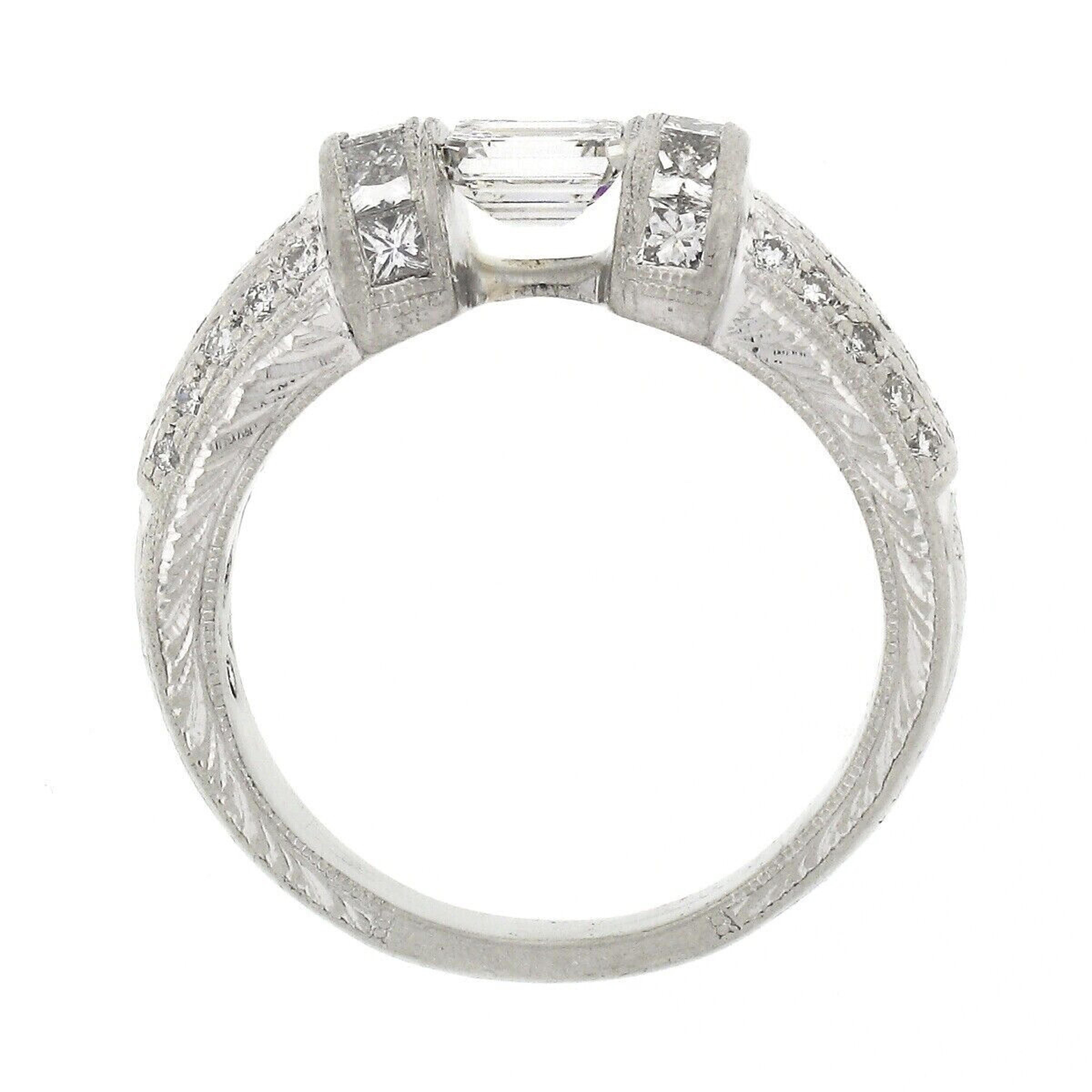 Vintage Platinum 1.35ct Floating Diamond W/ Accents Hand Engraved Work Band Ring For Sale 3