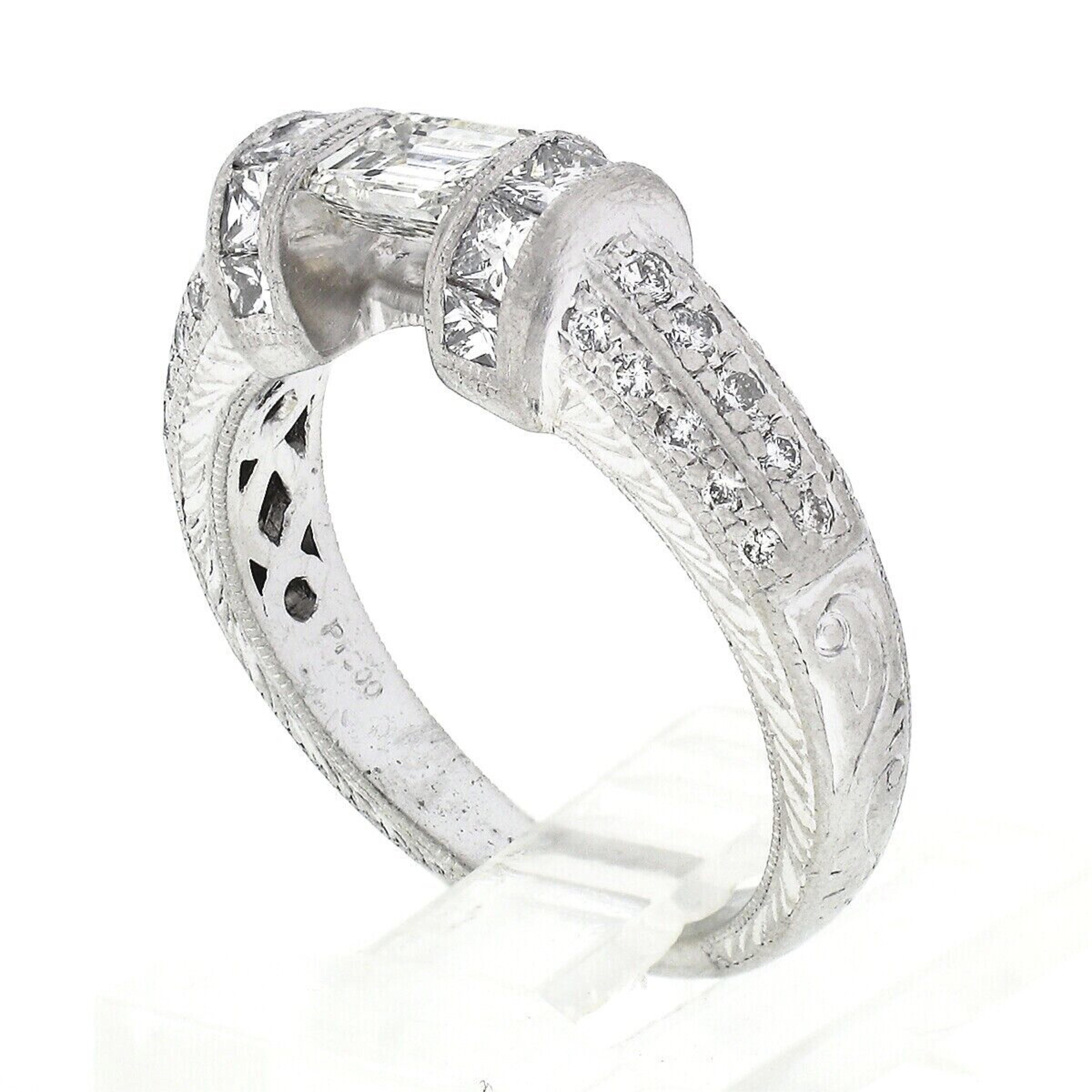 Vintage Platinum 1.35ct Floating Diamond W/ Accents Hand Engraved Work Band Ring For Sale 4