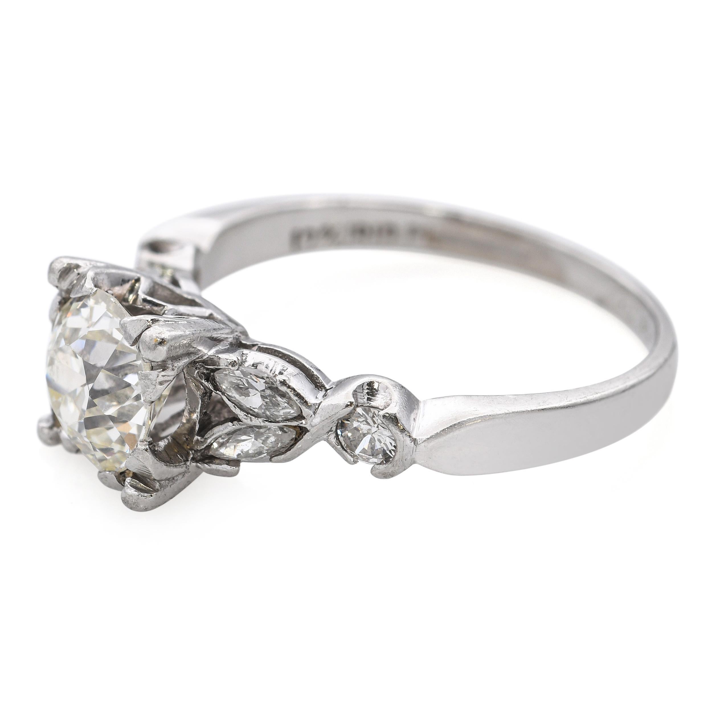 Vintage Platinum 1.35tcw Old European Cut Diamond Engagement Ring In Good Condition For Sale In New York, NY