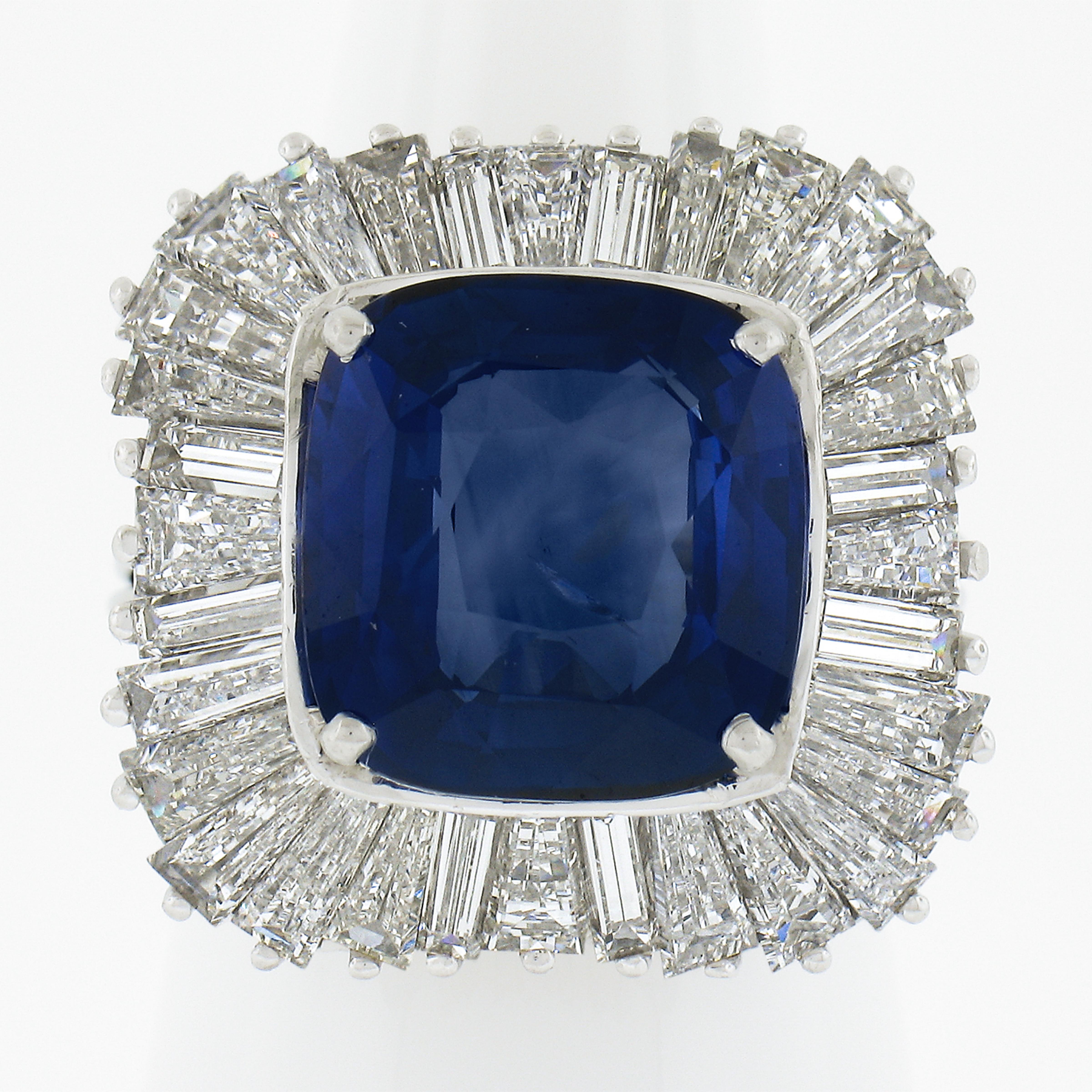 --Stone(s):--
(1) Natural Genuine Sapphire - Cushion Brilliant Cut - Prong Set True Royal Blue Color - Ceylon - HEAT - 8.86ct (exact - certified)
** See Certification Details Below For More Info **
(32) Natural Genuine Diamonds - Tapered Straight