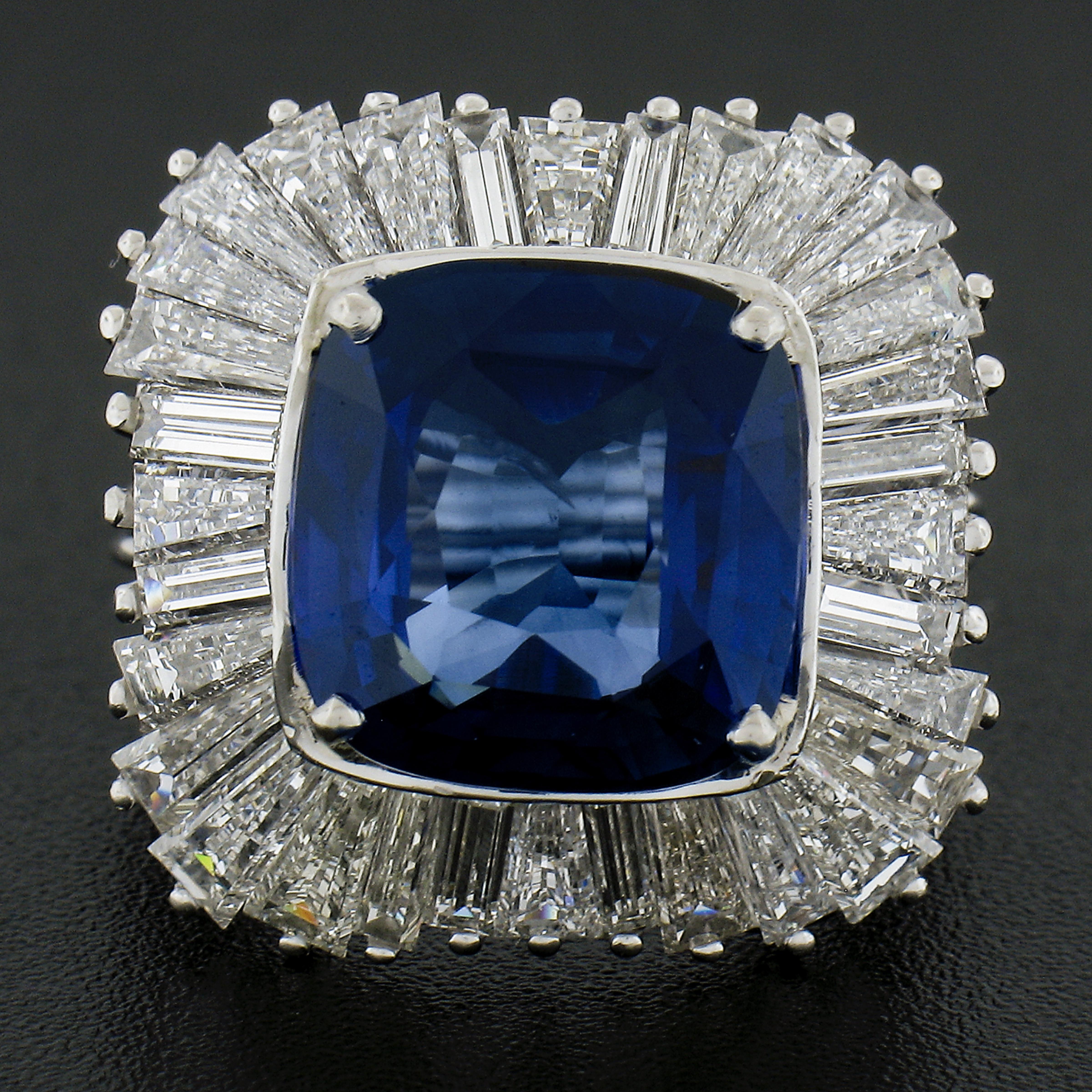 Cushion Cut Vintage Platinum 13.66ctw Gia Cushion Sapphire & Diamond Ballerina Handmade Ring For Sale