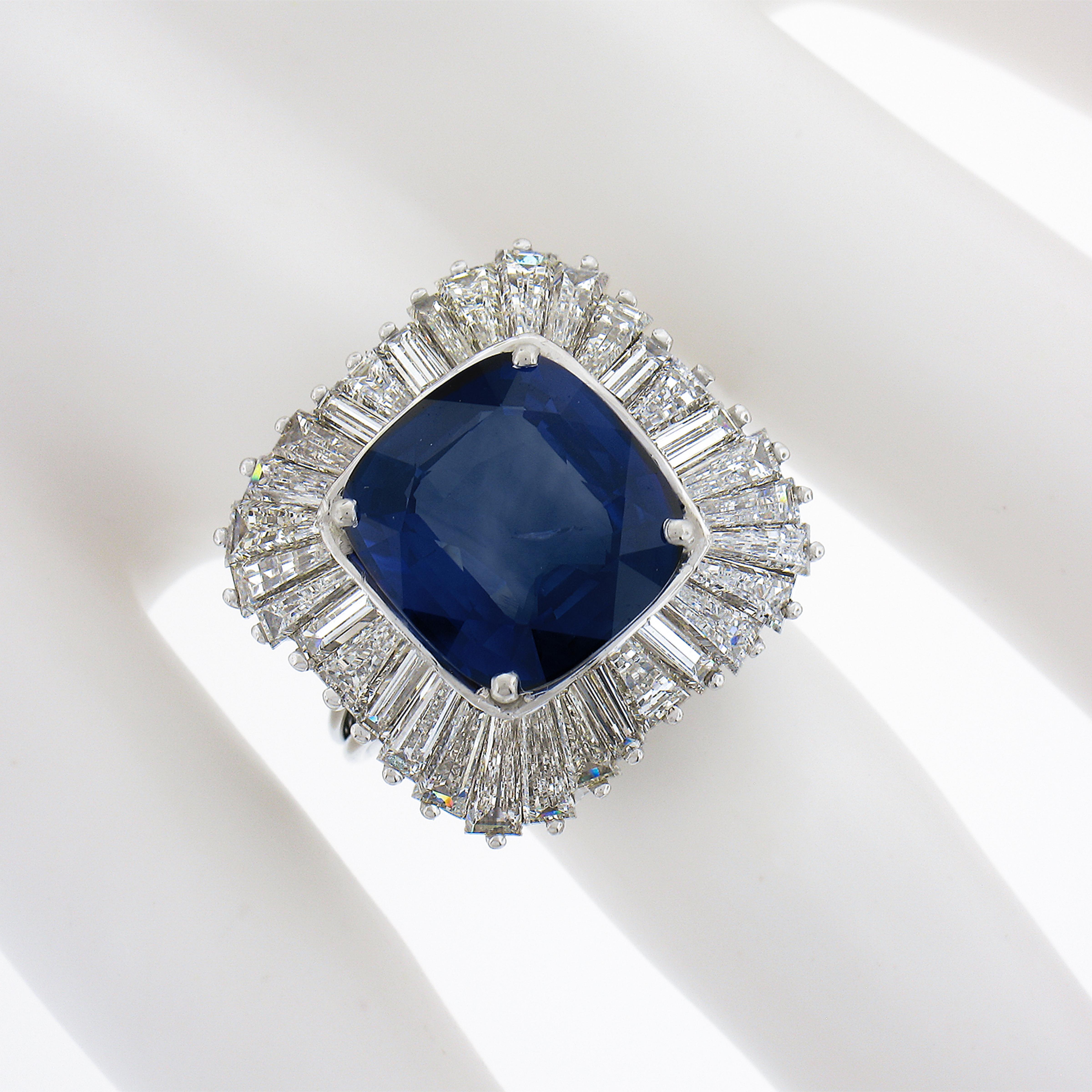 Vintage Platinum 13.66ctw Gia Cushion Sapphire & Diamond Ballerina Handmade Ring In Excellent Condition For Sale In Montclair, NJ