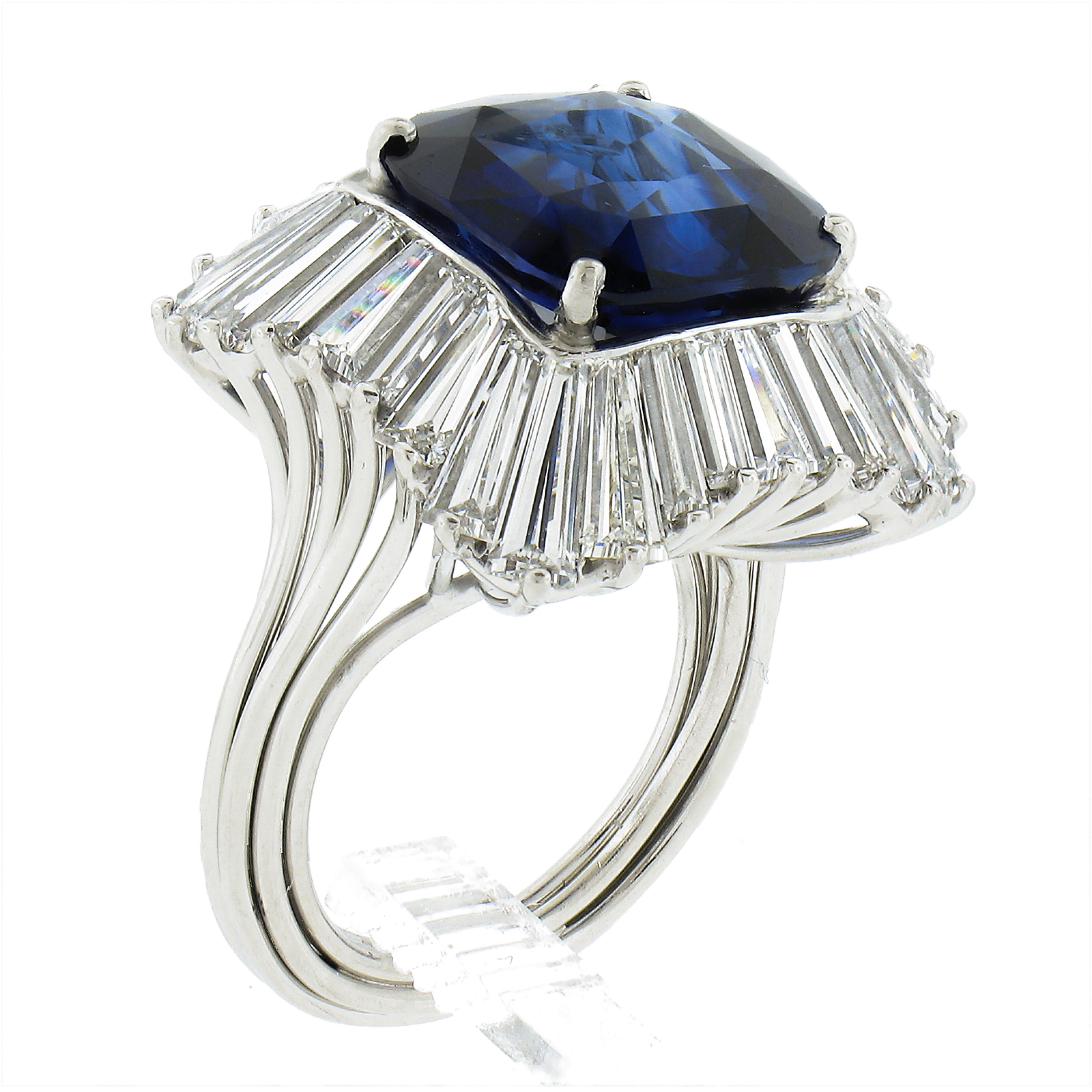 Vintage Platinum 13.66ctw Gia Cushion Sapphire & Diamond Ballerina Handmade Ring For Sale 3