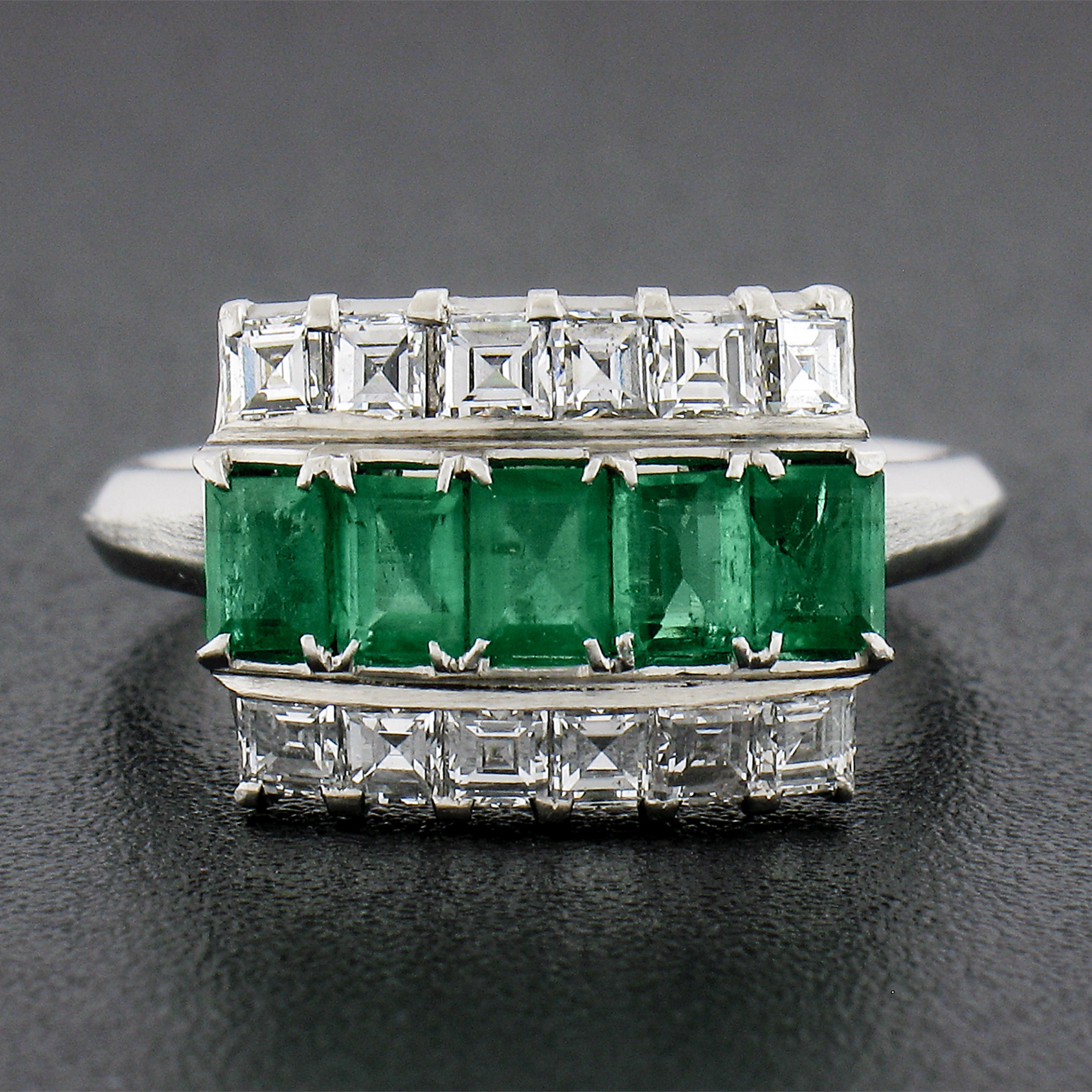 Square Cut Vintage Platinum 1.37ctw Rectangular Emerald & Diamond Cocktail Band Ring For Sale