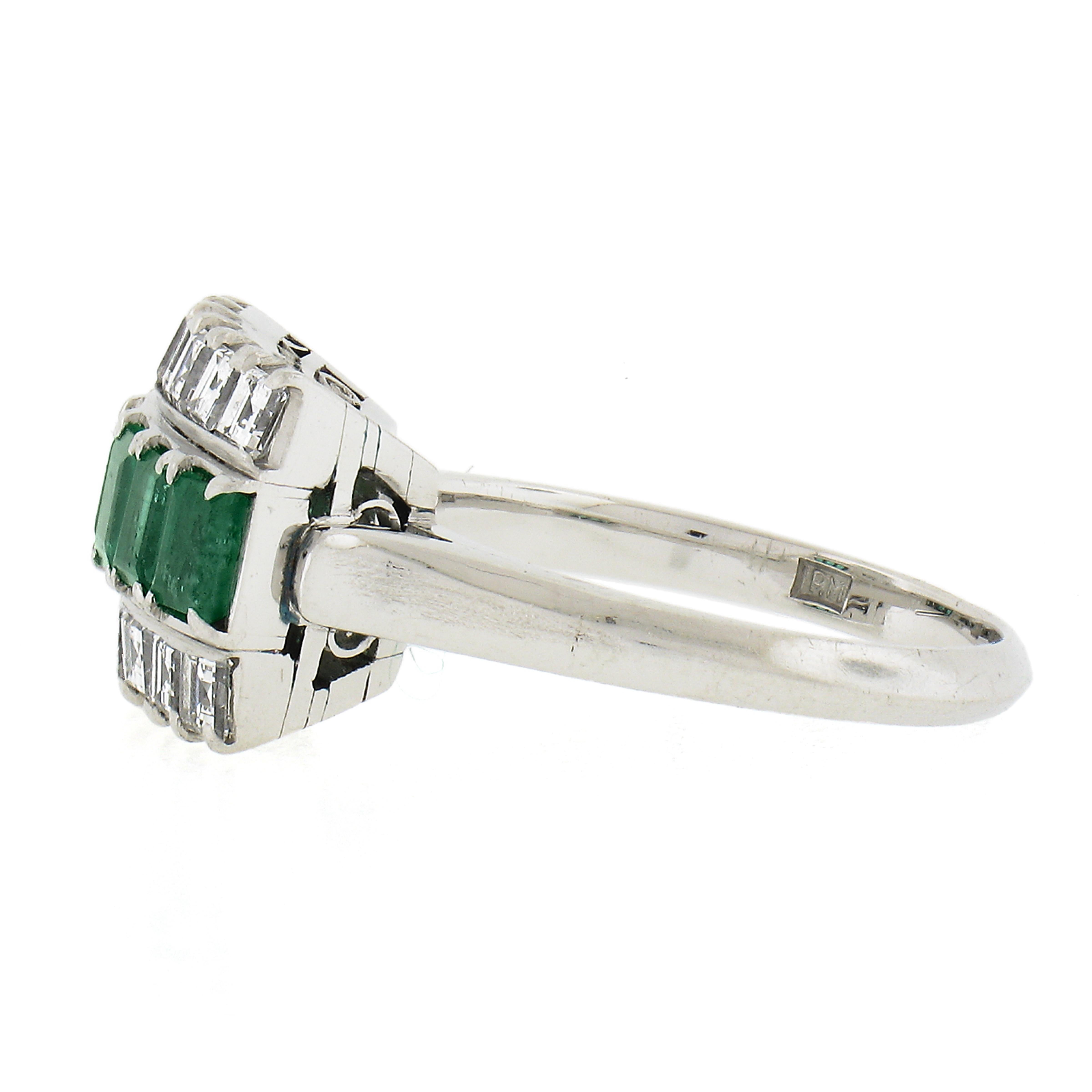 Women's Vintage Platinum 1.37ctw Rectangular Emerald & Diamond Cocktail Band Ring For Sale