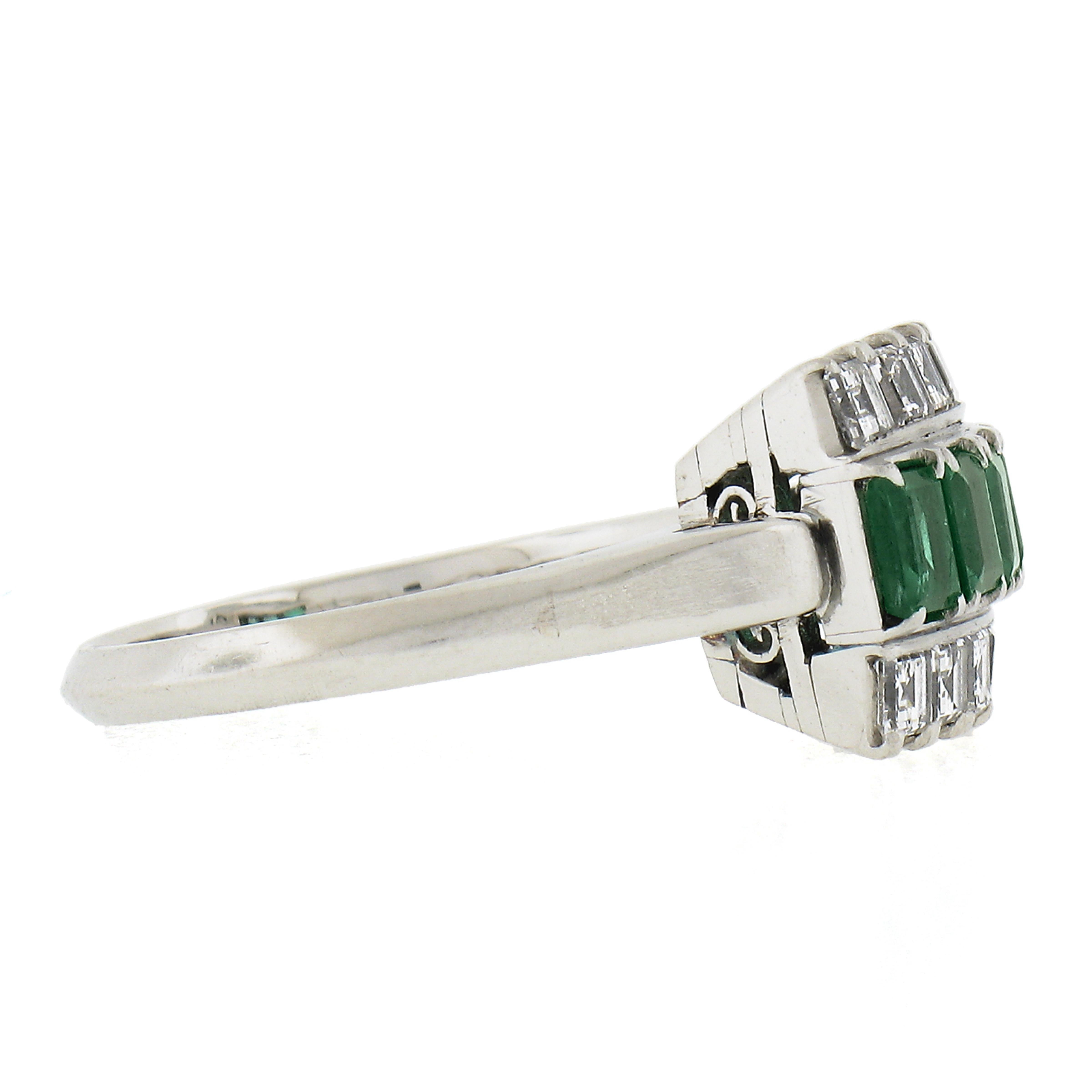 Vintage Platinum 1.37ctw Rectangular Emerald & Diamond Cocktail Band Ring For Sale 1