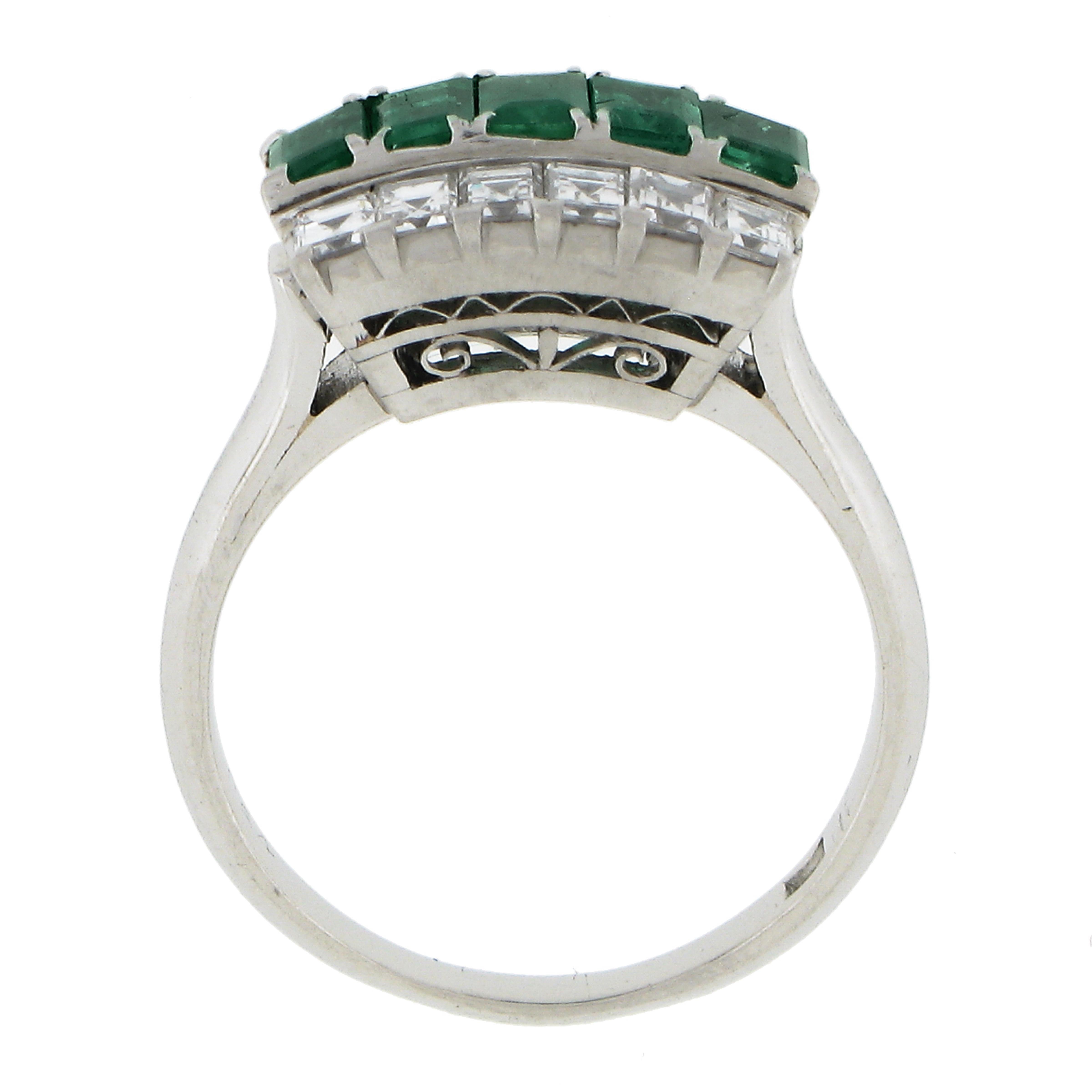 Vintage Platinum 1.37ctw Rectangular Emerald & Diamond Cocktail Band Ring For Sale 2