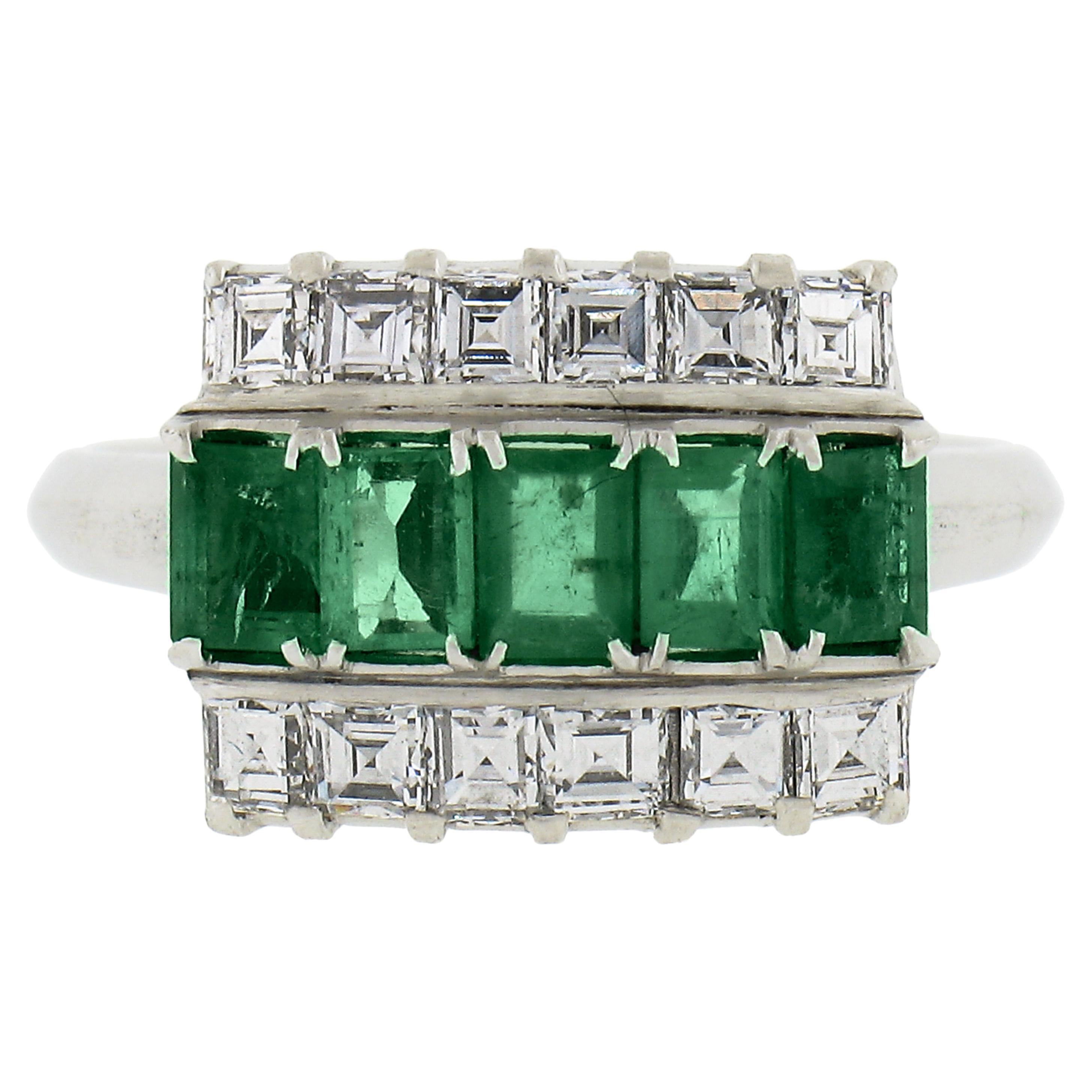 Vintage Platinum 1.37ctw Rectangular Emerald & Diamond Cocktail Band Ring For Sale