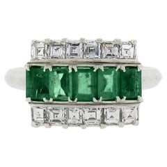 Vintage Platinum 1.37ctw Rectangular Emerald & Diamond Cocktail Band Ring