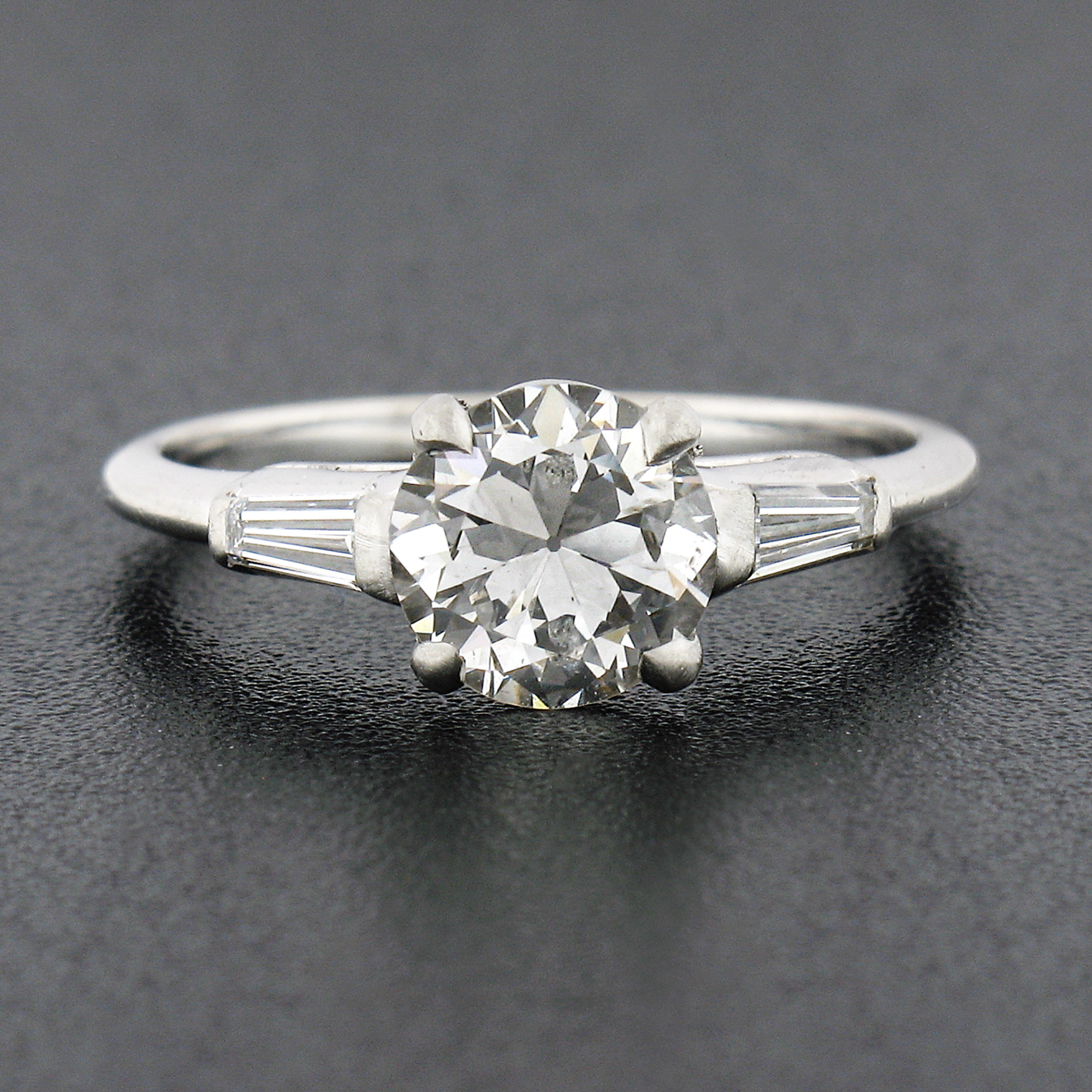 Vintage Platinum 1.44ctw GIA European Diamond w/ Baguette Accent Engagement Ring In Good Condition In Montclair, NJ