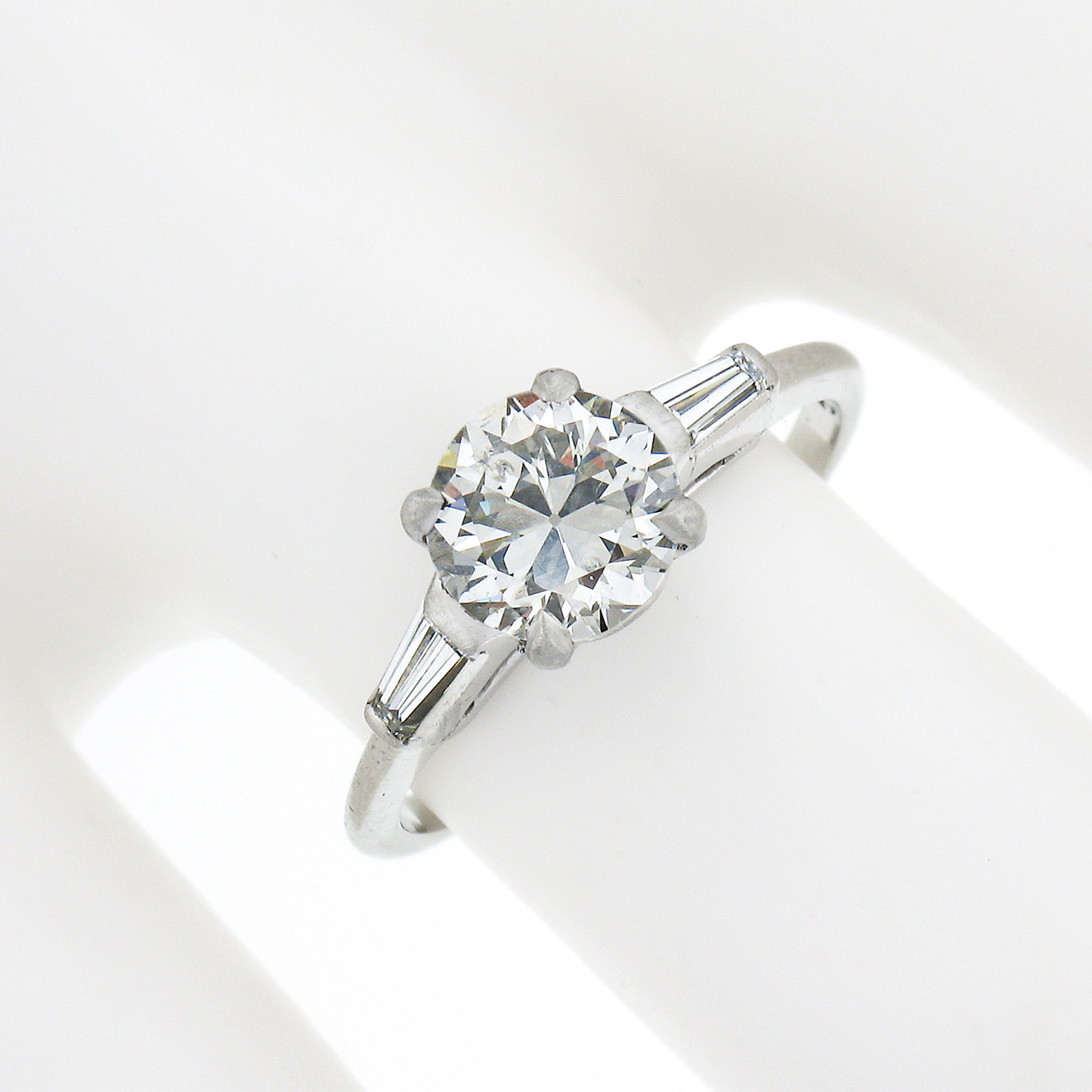 Women's Vintage Platinum 1.44ctw GIA European Diamond w/ Baguette Accent Engagement Ring
