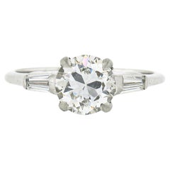 Vintage Platinum 1.44ctw GIA European Diamond w/ Baguette Accent Engagement Ring