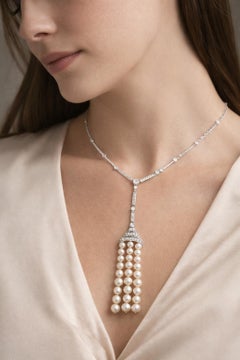 Vintage Platinum 1.5 Carat Weight Diamond & Strand Pearl Drop Necklace