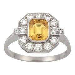 Vintage Platinum 1.50ct Yellow Sapphire and Diamond Cluster Ring