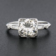 Vintage Platinum 1.50ctw Round Solitaire w/ Baguette Diamond Engagement Ring