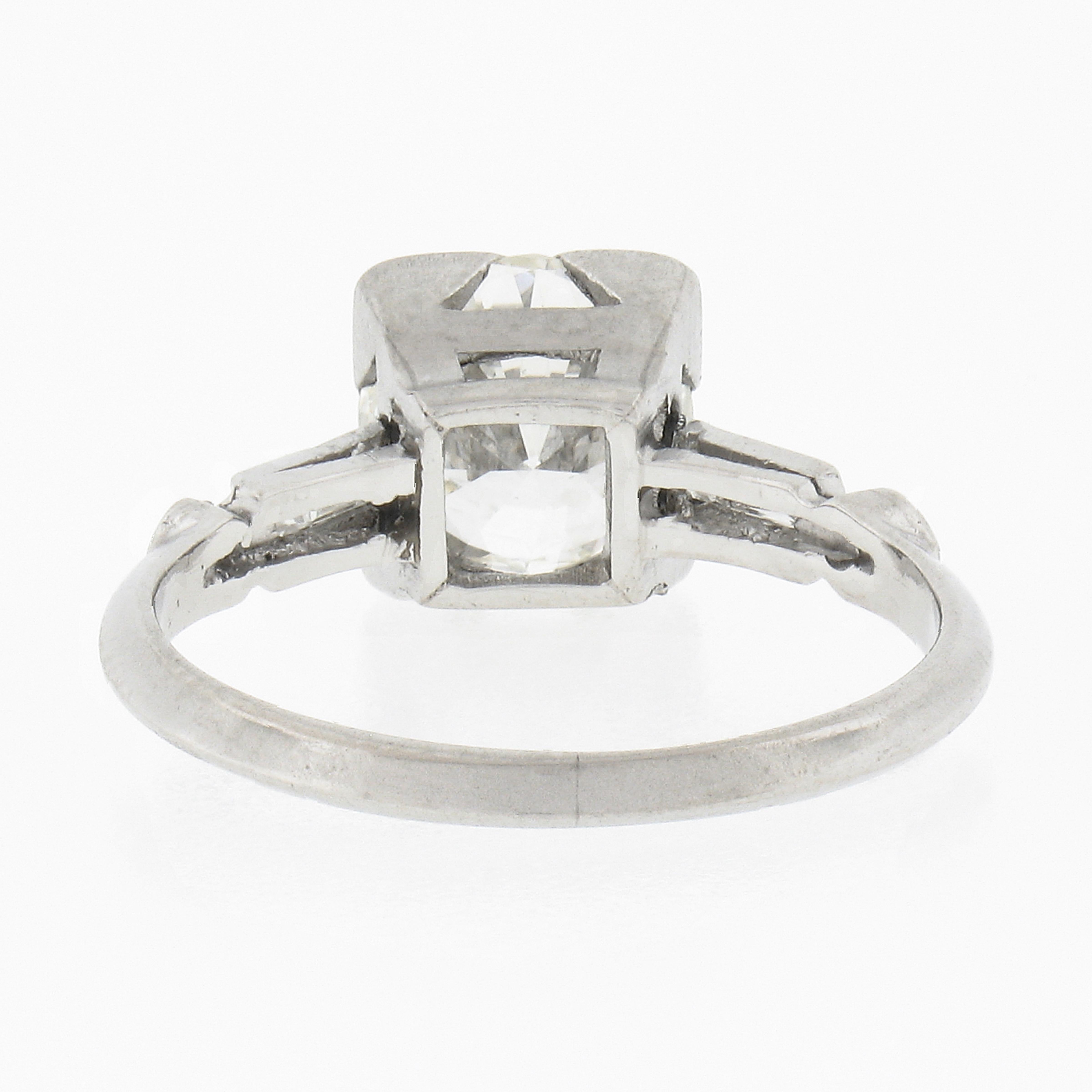 Round Cut Vintage Platinum 1.50ctw Round Solitaire w/ Baguette Diamond Engagement Ring For Sale