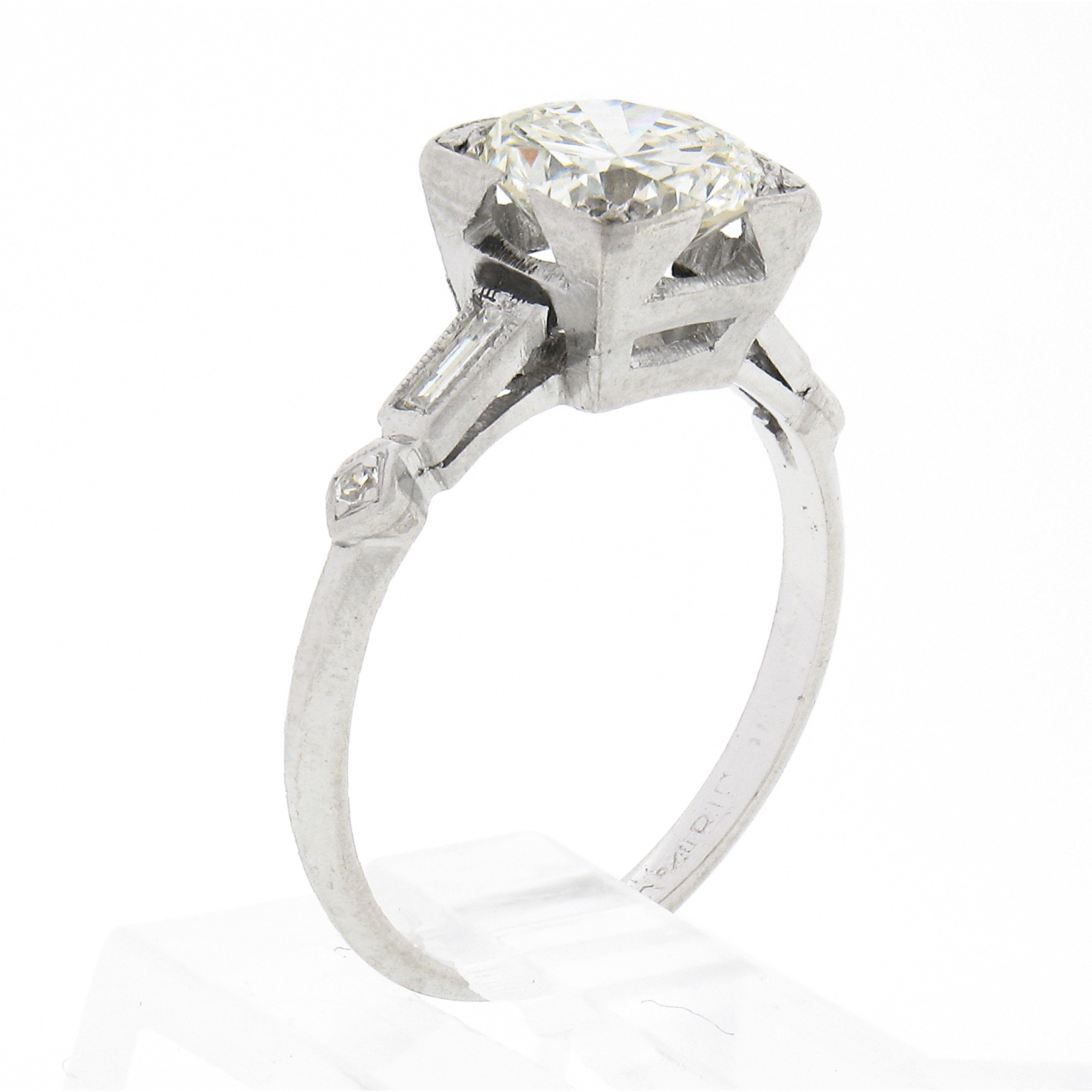 Women's Vintage Platinum 1.50ctw Round Solitaire w/ Baguette Diamond Engagement Ring For Sale