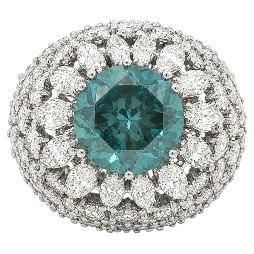 Vintage Platinum 15.2ctw Large Round Blue Zircon Diamond Domed Bombe Ring
