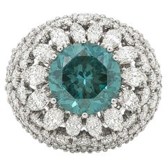 Vintage Platinum 15.2ctw Large Round Blue Zircon Diamond Domed Bombe Ring