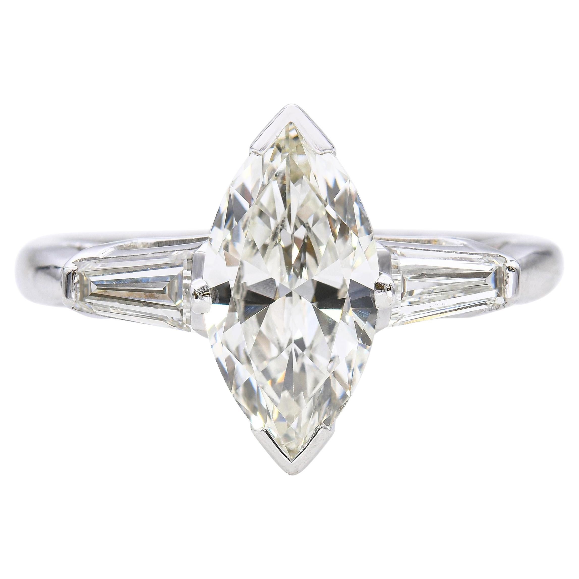 Vintage Platinum 1.52tcw Marquise & Tapered Baguette Diamond Engagement Ring