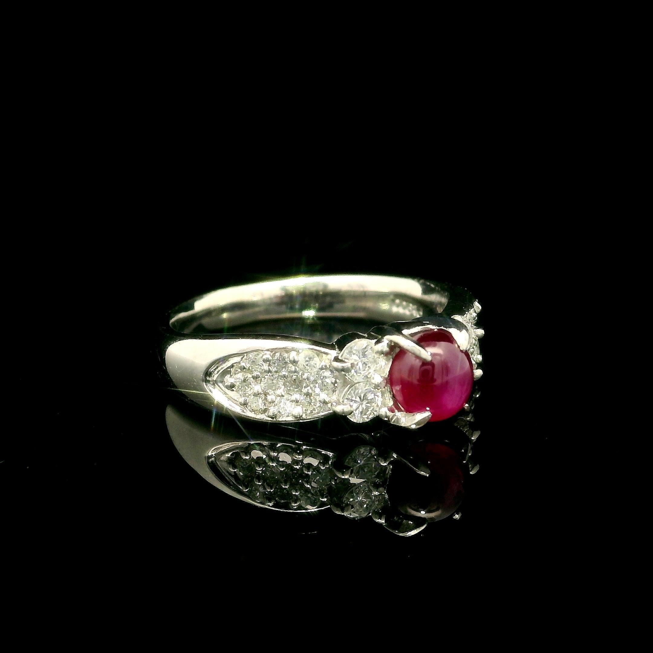 Vintage Platinum 1.54ctw Oval Cabochon Cut Star Ruby & Diamond Classy Ring For Sale 4