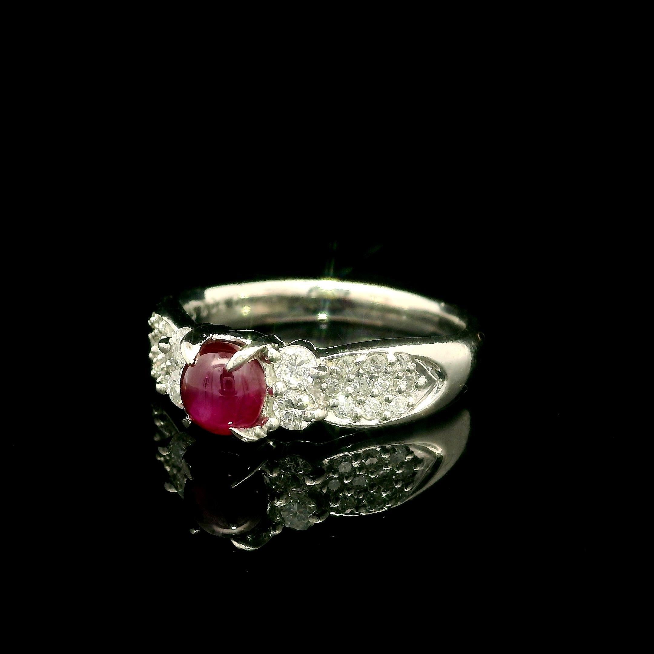Vintage Platinum 1.54ctw Oval Cabochon Cut Star Ruby & Diamond Classy Ring For Sale 5